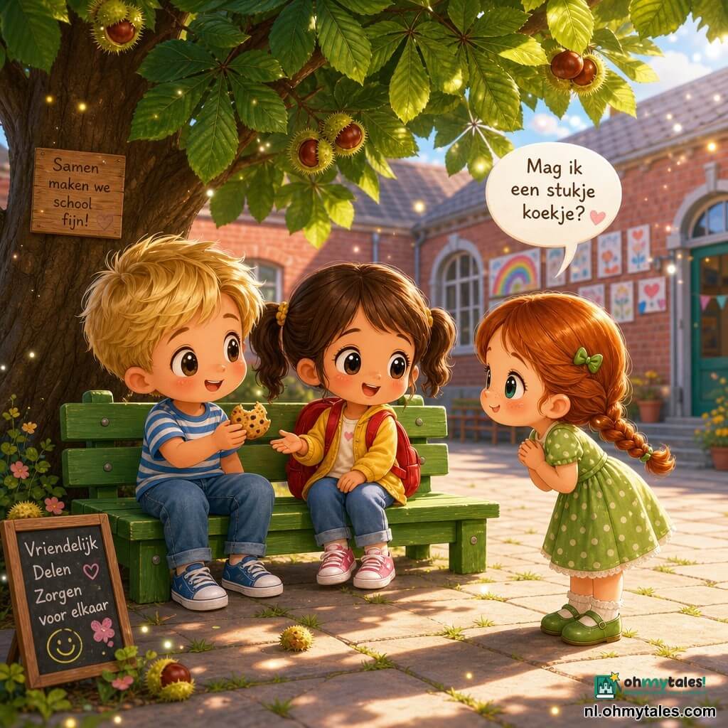 Er zijn drie personages: Noor, meisje 7 jaar, bruine paartjes, geel jasje, rood rugzakje, zit in het midden van een groene houten bank onder een grote kastanjeboom en reikt naar een stukje koek; Sam, jongen 7 jaar, kort blond haar, blauw gestreept T-shirt, zit links van Noor, houdt een gedeelde koek en glimlacht naar haar; Meisje (Mara), meisje 6 jaar, rood gevlochten haar, groene jurk met stippen, staat rechts van de bank en buigt zich beleefd voor toestemming met gevouwen handen. De plek: zonnige schoolplaats met donkergroene bladeren, licht geplaveide grond met grassprietjes tussen de tegels, een groene bank met een klein plaatje "Gedeelde Bank", rode bakstenen gebouwen en kindertekeningen op de achtergrond. Situatie: warm moment van delen — twee kinderen op de bank geven elkaar een koek terwijl de derde beleefd vraagt, zachte lichte sfeer, felle pasteltinten, overdreven gezichtsuitdrukkingen en glanzende chibi-achtige ogen met kleine fonkelende deeltjes die vriendelijkheid tonen.