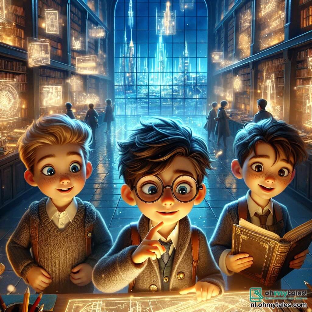 In een futuristische bibliotheek staan drie jongens van zeven jaar samen. Max, een jongen met bruin haar en ronde bril, kijkt verwonderd naar een hologram van de stad. Rechts van hem wijst Finn, een blonde jongen met sprankelende ogen, naar een verlichte kaart, zijn gezicht straalt van opwinding. Links houdt Sam, een jongen met kastanjebruin haar en sproeten, een oud boek vast, met een nieuwsgierige en vastberaden blik.

De bibliotheek is een magische plek, met grote planken vol glinsterende boeken en glazen muren die licht binnenlaten. Hologrammen zweven in de lucht en projecteren beelden van de stad Glimmerpolis, met zijn hoge gebouwen en vliegende treinen. In het midden van de kamer verlicht een groot scherm de scène, met plannen en futuristische uitvindingen.

De jongens hebben net een geheime deur ontdekt die naar een verborgen kamer leidt, waar ze de mysteries van het verleden kunnen verkennen en dromen van de toekomst van hun stad. Ze zijn klaar om in een ongelooflijk avontuur te duiken, omringd door fascinerende technologieën en oude kennis.