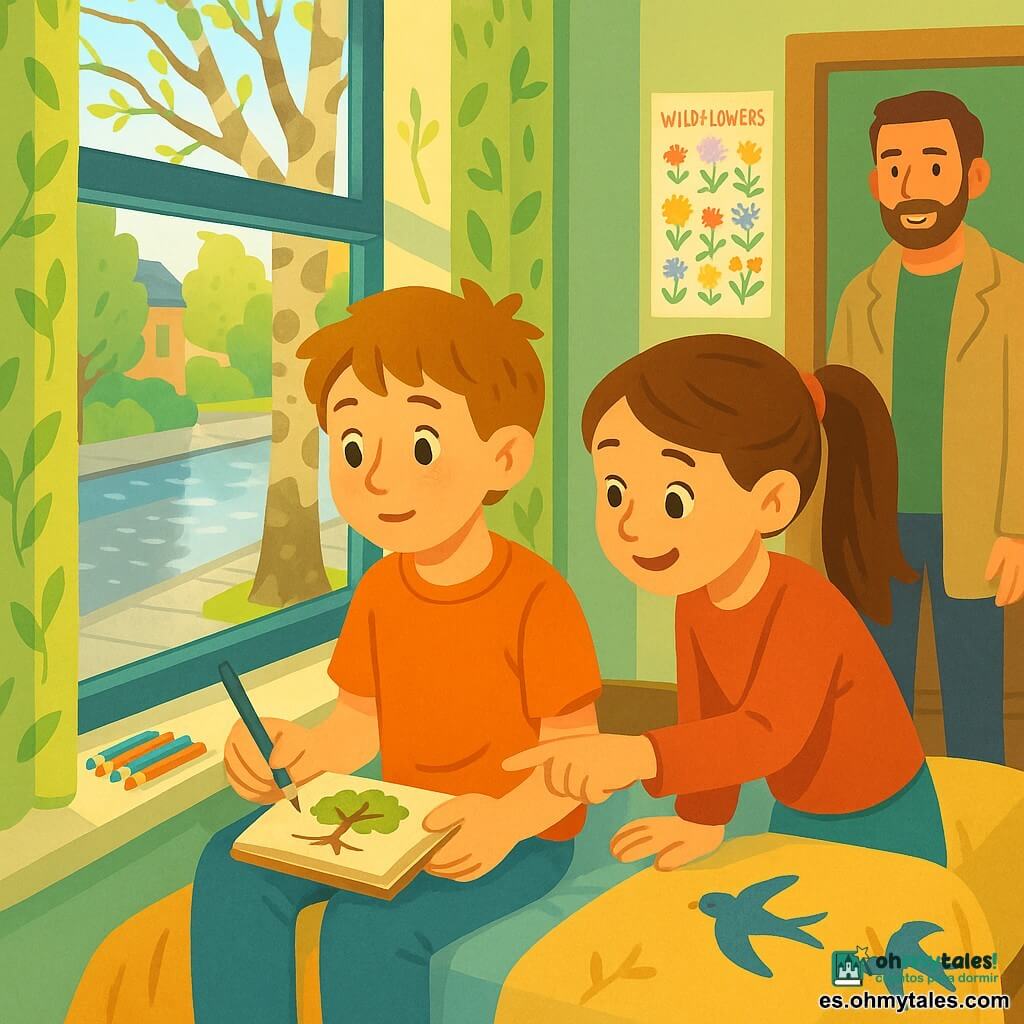 Un niño de 12 años, rostro redondo, cabello castaño corto y algo despeinado, expresión tranquila y maravillada, está sentado junto a una ventana abierta dibujando un árbol en un pequeño cuaderno beige sobre sus piernas; sostiene un lápiz gris con la mano derecha y hay una fila ordenada de lápices de colores en el alféizar. Su hermana de 9 años, cabello castaño largo en coleta y sonrisa curiosa, está de pie junto a la cama apoyada en el marco de la ventana señalando una hoja; el padre, unos 40 años, con barba corta y abrigo ligero, se encuentra al fondo cerca de la puerta sonriendo con benevolencia. La habitación es luminosa, paredes verde pastel, manta con golondrinas bordadas, cortinas con hojas y un póster de flores silvestres sobre el escritorio. La ventana abierta muestra una calle primaveral con la acera brillante por la lluvia, un plátano de sombra de tronco moteado y yemas verdes en las ramas. Escena principal: momento tranquilo y atento, el niño observa el árbol y lo traspone al cuaderno, ambiente suave, colores vivos y contrastados, líneas nítidas y formas simples en un estilo infantil.