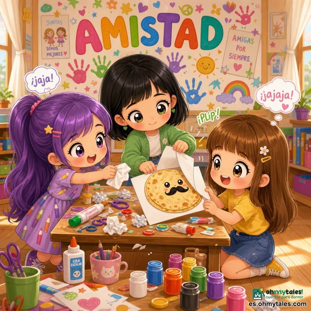Hay tres niñas: Nora, 7 años, cabello castaño claro liso con flequillo, ojos grandes y risueños, camiseta amarilla y falda azul, agachada a la derecha de la mesa sosteniendo delicadamente un dibujo de una tortilla con pequeño bigote; Lila, 7 años, cabello largo violeta en coleta, vestido con motivos de lápices, a la izquierda de la mesa ofreciendo un pañuelo y sonriendo a la tortilla; Vega, 7 años, cabello negro corto y liso, chaleco verde y vaqueros, detrás de la mesa al centro presionando el borde del papel para despegar el dibujo. En una aula colorida con suelo de madera clara, grandes ventanas con cortinas blancas que dejan entrar luz cálida, mesas de arte con botes de pintura, pegamento, tijeras y papeles arrugados, y un panel mural con manos dibujadas, frases y un gran cartel “AMISTAD” en letras multicolores. Escena tierna y cómica: las niñas despegan con cuidado el dibujo de tortilla moustachudo pegado con cola, pequeñas risas visibles, el papel se despega con un “plip”, expresiones chibi exageradas (ojos brillantes, mejillas rosas), ambiente alegre y cómplice.