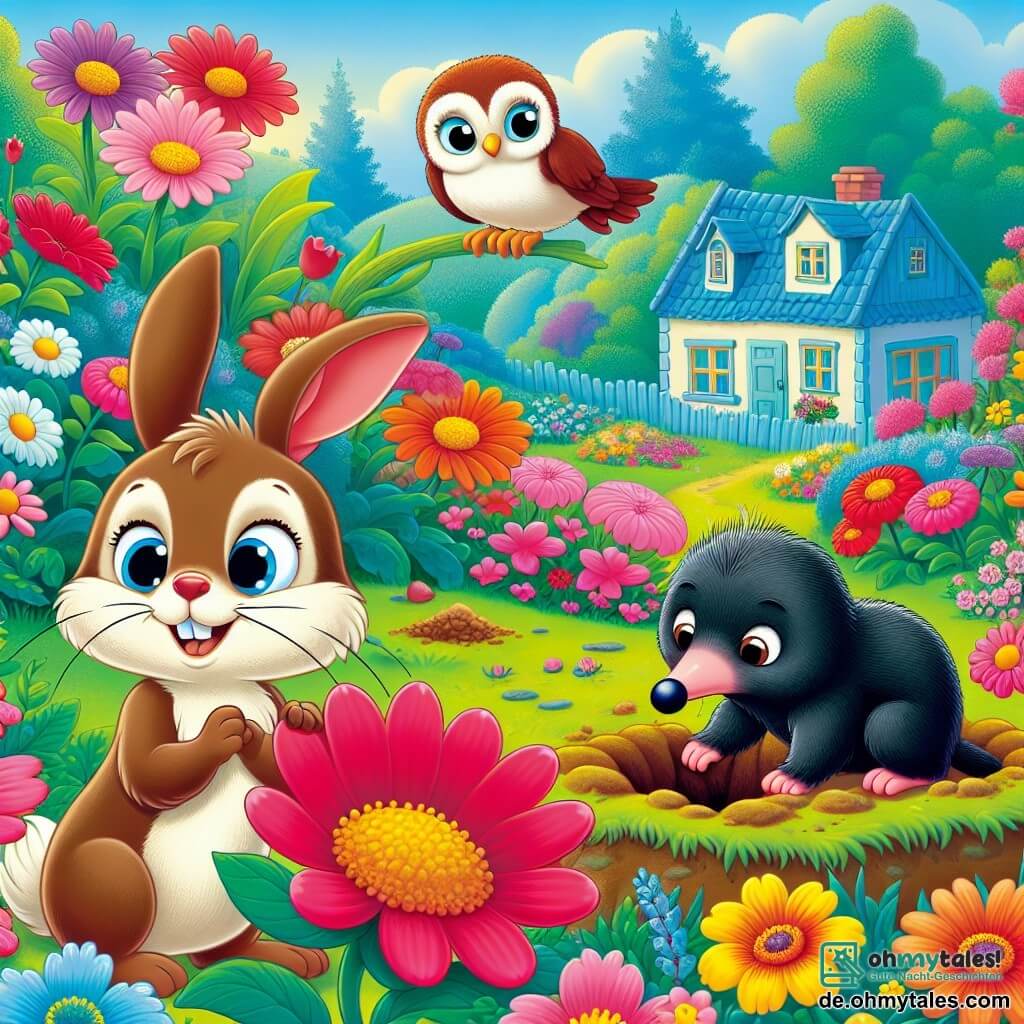 Hopsi, ein kleiner Hase mit großen Ohren und weichem, braunem Fell, sucht unter einer großen roten Blume und zeigt große Neugier und Aufregung. Neben ihm gräbt Moki, ein kleiner Maulwurf mit schwarzem Fell und funkelnden Augen, konzentriert mit seinen kleinen Pfoten im Boden. Lila, eine kleine Eule mit weißen Federn und großen runden Augen, sitzt auf einem Ast über ihnen und beobachtet die Szene aufmerksam und fröhlich. Der Ort ist ein bunter Garten, gefüllt mit leuchtenden Blumen und üppigem Grün, mit einem alten Haus mit blauem Dach im Hintergrund. Hopsi entdeckt einen versteckten Hinweis unter der Blume, während seine Freunde ihn ermutigen und bereit sind, ihm bei der Suche nach dem Schatz zu helfen.