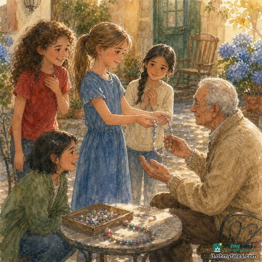 Cinque personaggi in un piccolo giardino lastricato: Viola, circa 12 anni, capelli castano chiaro in coda, al centro offre delicatamente al nonno Luigi, circa 75 anni con capelli grigi e occhiali, un collier di perle fatte di carta colorata; intorno Nina, Sara e Leila, tutte circa 12 anni, formano un cerchio protettivo con sguardi teneri e un misto di tristezza serena e calore; sullo sfondo vasetti di ortensie blu, una sedia a dondolo e una porta verde, luce dorata di fine pomeriggio, composizione centrata, colori pastello acquerellati e texture di carta e filo in primo piano.