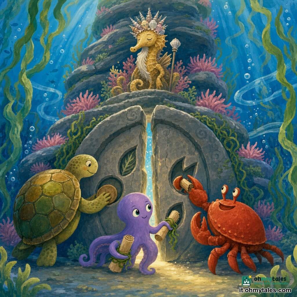 Neri, un giovane polpo dal corpo liscio violetto chiaro, occhi grandi e curiosi, sorride timidamente mentre tiene un piccolo rotolo di pergamena avvolto in alghe con due tentacoli e infila un altro in una cavità a forma di foglia su una porta di pietra; a sinistra Milla, una tartaruga marina dalla corazza consumata verde e ocra, posa con calma la sua carapace tonda in una cavità circolare, e a destra Rocco, un granchio tozzo dalla pinza robusta rosso-arancio, inserisce la sua grande chela; sullo sfondo un vecchio cavalluccio marino saggio, coronato di conchiglie, osserva seduto su un piedistallo di corallo mentre la porta della torre a spirale di roccia grigia coperta di anemoni rosa e alghe verdi comincia ad aprirsi lentamente, bolle salgono e correnti azzurre attraversano l'acqua creando un'atmosfera di meraviglia; stile gouache, colori vivaci, texture di pennello, contorni morbidi e composizione centrata sulla porta e sui tre amici.