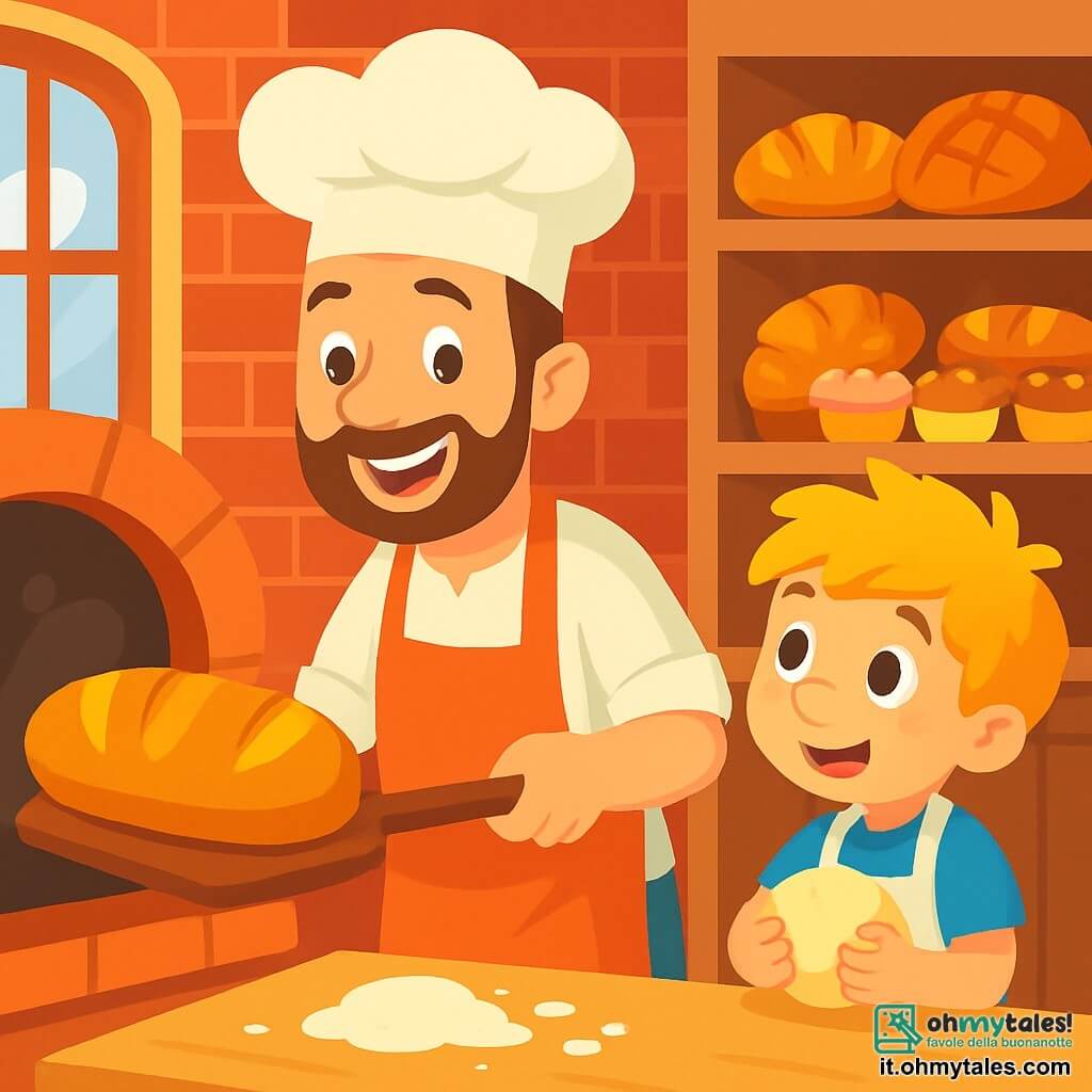 Un uomo, Marco, è un panettiere felice con un grande cappello bianco e un sorriso caloroso. Ha i capelli castani e una leggera barba, e sta sfornando una pagnotta dorata dal forno, i suoi occhi brillano di orgoglio. Accanto a lui, un ragazzo di 8 anni, Luca, con capelli biondi disordinati e occhi curiosi, indossa un piccolo grembiule. Guarda Marco con ammirazione e tiene in mano una palla di pasta, pronto ad aiutarlo. La scena si svolge in una panetteria accogliente, con muri di mattoni rossi, scaffali di legno pieni di pani e dolci colorati, e una grande finestra che lascia entrare la luce del mattino. L'atmosfera è calda e profumata di pane fresco. Marco e Luca, circondati da farina e gioia, condividono un momento di complicità preparando insieme il pane, creando un clima di felicità e amicizia.