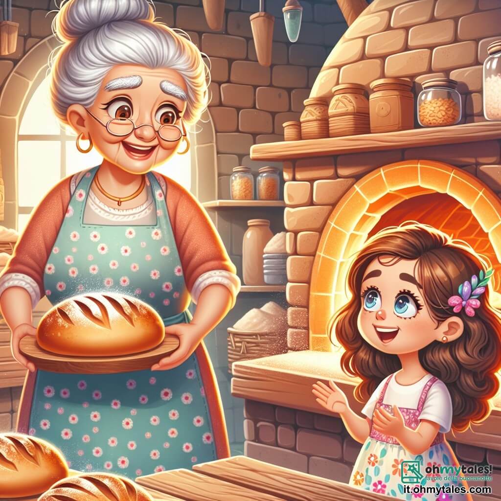 Una donna anziana, la signora Maria, con capelli grigi raccolti e un sorriso caloroso, si trova davanti a un grande forno a legna. Indossa un grembiule floreale e ha le mani coperte di farina, mostrando un'espressione di gioia e orgoglio. Accanto a lei, una bambina di 7 anni, Giulia, con bei capelli ricci e occhi brillanti, guarda con meraviglia il pane dorato che esce dal forno. Indossa un vestito colorato e si tiene sulle punte dei piedi, impaziente di toccare il pane. La scena si svolge in una panetteria tradizionale, con muri di mattoni, scaffali in legno pieni di vari tipi di pane e una luce soffusa che filtra dalla finestra. L'atmosfera è calda e accogliente, pervasa dal delizioso profumo del pane fresco. Maria spiega a Giulia il processo di produzione del pane, mentre la bambina ascolta attentamente, affascinata dalle storie e dai segreti della panetteria.