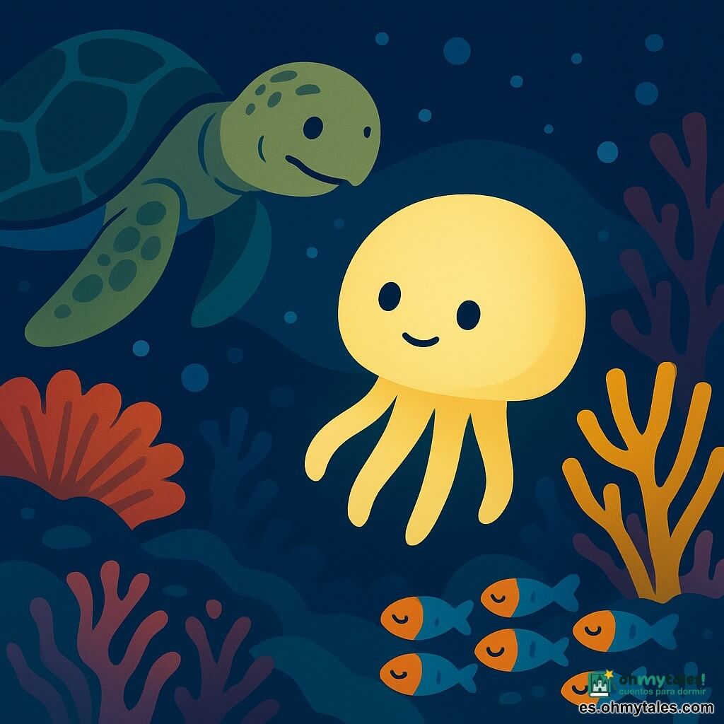 Luma, una pequeña medusa redonda y luminosa, mira con curiosidad y ternura, su "vientre-lámpara" emite una luz cálida amarillo pálido; flota despacio y extiende un tentáculo hacia un rincón oscuro del arrecife; una tortuga marina vieja y arrugada pasa lentamente detrás de Luma, al fondo a la izquierda, con rostro benévolo y ojos sabios, sonríe y señala con su aleta hacia el arrecife; un banco de peces pequeños y coloridos duerme agrupado cerca del fondo a la derecha, escamas azul y naranja, ojos cerrados, alineados como perlas; el arrecife es denso y texturizado con corales abanico rosas, ramas tubulares amarillas y anémonas violetas que se mecen, y pequeñas burbujas plateadas suben a la superficie; la escena muestra a Luma buscando un fragmento perdido del arrecife en una atmósfera nocturna submarina suave y segura, con azules profundos y toques cálidos alrededor de la luz de Luma; estilo gráfico simple con formas redondeadas, contornos gruesos, paleta de bloques de color planos y composición centrada y legible para niños de 4 años.