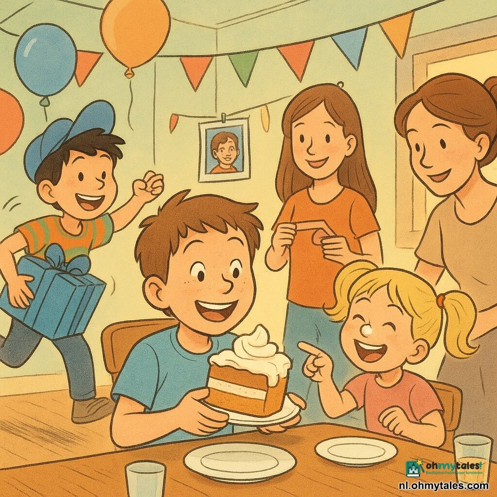 Een 10‑jarige jongen met rond gezicht en sproeten, korte kastanjebruine warrige haren, glimlachend en verwonderd, zit in het midden van een feesttafel en houdt een groot stuk roomtaart; zijn 5‑jarige zusje met blonde staartjes en slagroom op haar neus staat rechts van hem, lachend en wijzend naar de taart; links zijn vriend Sam (ongeveer 10) met zwart haar en een grappig hoedje, springend met een blauw cadeau; achter de hoofdjongen staat Lotte (ongeveer 9) met lang bruin haar en gele schoenen, ze houdt een foto aan een slinger; op de achtergrond rechts de moeder met vastgebonden kastanjebruin haar en lichte make-up, licht voorovergebogen om een kaars aan te steken; warme keuken-eetkamer met pastelkleurige muren, gekleurde slingers, ballonnen aan het plafond, grote houten tafel met borden en glazen, zacht gouden zonlicht; feestelijke, vrolijke scène waarin de jongen de kaarsen uitblaast terwijl vrienden en zus lachen, met spetters room op gezichten, levendige kleuren en zachte texturen in een warme stripstijl.