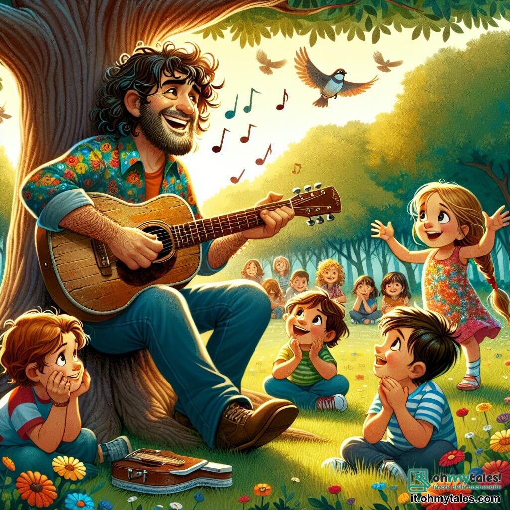 Al centro dell'immagine, un uomo di nome Luca, con capelli ricci e un grande sorriso, suona la sua vecchia chitarra sotto un grande albero. Indossa una camicia colorata e pantaloni di jeans, e il suo viso esprime gioia e passione per la musica. Alla sua destra, un ragazzo di nome Marco, di circa 10 anni, con capelli castani e occhi scintillanti, lo ascolta attentamente, le mani sulle ginocchia, pronto a cantare. A sinistra, una ragazza di nome Sara, anch'essa di 10 anni, con trecce bionde e un vestito a fiori, batte le mani a ritmo, con un grande sorriso sul volto. Il luogo è un parco verdeggiante, illuminato da una luce dorata, con fiori colorati e uccelli che cantano sugli alberi. Sullo sfondo, altri bambini sono seduti sull'erba, rapiti dalla musica. La scena principale mostra Luca che suona una melodia gioiosa, circondato dai bambini che lo ascoltano con meraviglia, creando un'atmosfera di felicità e amicizia.