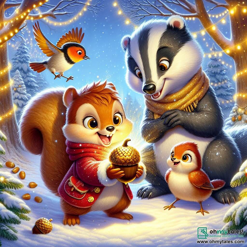 Nutty, a young squirrel with brown fur and an incredibly fluffy tail, stands at the center of the scene, his eyes sparkling with excitement and a big smile on his face, holding a shiny golden acorn in his small paws. Next to him, Penny, a little robin with bright red feathers, joyfully flies around him, her wings spread, displaying an expression of enthusiasm and curiosity. Benny, a big badger with gray fur and gentle eyes, stands a bit back, arms crossed with a look of pride, watching his friends with a warm smile. The scene takes place in an enchanted clearing surrounded by tall trees covered in sparkling snow, where string lights illuminate the landscape, creating a magical and festive atmosphere. Nutty and his friends celebrate the magic of Christmas, surrounded by laughter and joy, as the golden light of the acorn begins to shine brightly, filling the clearing with a warm and welcoming glow.