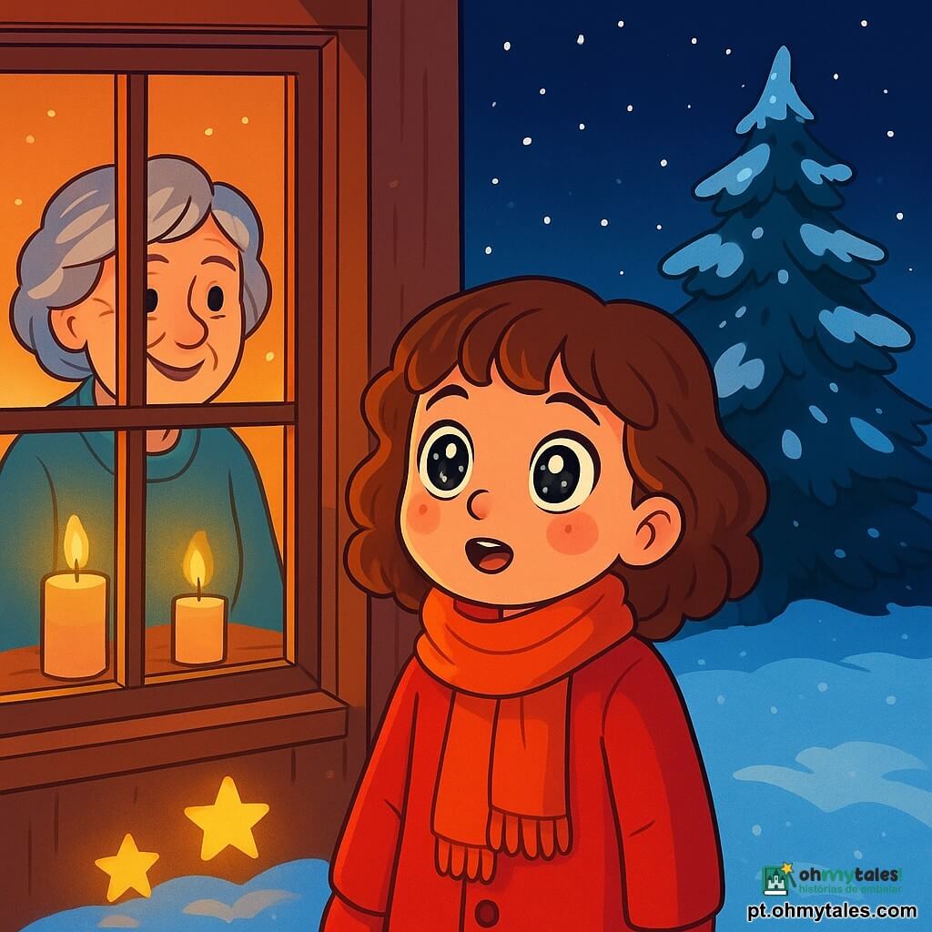 Uma menina de 8 anos, Clara, com grandes olhos brilhantes como estrelas e cabelos castanhos cacheados, está em frente a uma porta de madeira, seu rosto iluminado pelo espanto e curiosidade. Ela usa um casaco vermelho vivo e um cachecol de lã, com as bochechas rosadas pelo frio. Perto dela, sua avó, uma mulher idosa com cabelos prateados e um sorriso caloroso, está sentada perto da janela, cercada por velas acesas que projetam uma suave luz dourada, criando uma atmosfera acolhedora na sala. O jardim está coberto por uma espessa camada de neve cintilante, com um velho pinheiro majestoso no centro, suas ramas carregadas de flocos brancos. A noite é estrelada, e o céu é de um azul profundo, acrescentando à magia da cena. Clara, fascinada, vê três pequenas estrelas brilhantes que descem lentamente do céu e pousam delicadamente na neve, ao lado do pinheiro, convidando-a a aventurar-se lá fora para descobrir o mistério do Natal.