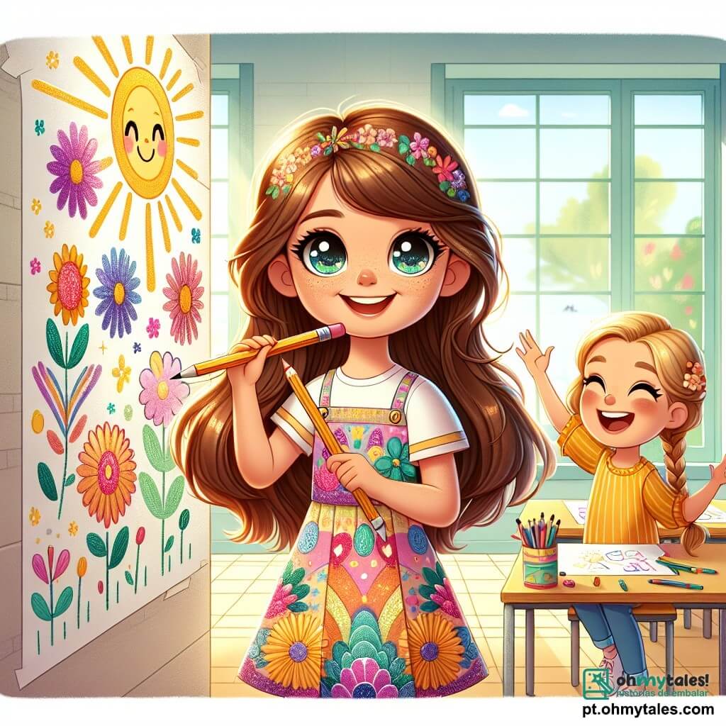 Uma menina de 6 anos, Sofia, com longos cabelos castanhos e olhos brilhantes, está diante de uma grande parede branca, com um sorriso radiante no rosto. Ela usa um vestido colorido com estampas de flores e segura um lápis na mão, pronta para desenhar. Ao seu lado, sua melhor amiga Clara, também de 6 anos, com cabelos loiros trançados e um vestido amarelo, a incentiva com um grande sorriso, segurando outro lápis. O local é uma sala de aula iluminada, com janelas que deixam entrar a luz do sol, mesas de madeira e cartazes coloridos nas paredes. No chão, folhas de papel e lápis espalhados mostram o trabalho criativo das crianças. A cena principal mostra Sofia e Clara, concentradas e felizes, desenhando juntas na parede, criando um lindo mural cheio de flores coloridas e um sol radiante, simbolizando a autoconfiança e a amizade.