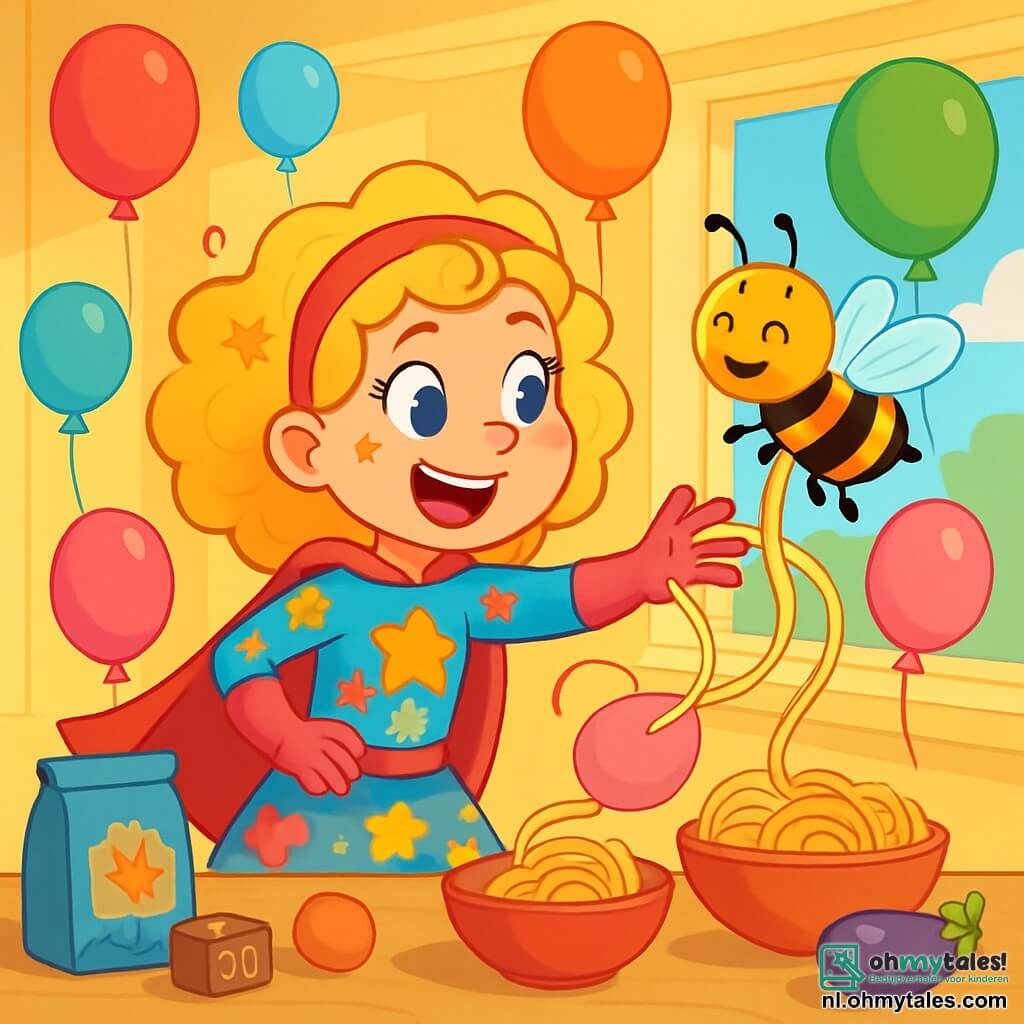 Suzy Superheldin is een jonge vrouw met een glimlach, met krullend blond haar en een kleurrijk kostuum met bloemen- en sterrenmotieven. Ze heeft sprankelende ogen en een vrolijke uitdrukking, omringd door kleurrijke ballonnen die om haar heen zweven. Benny de Bij, een blije kleine bij, vliegt rond Suzy met glinsterende doorzichtige vleugels en een ondeugende glimlach. Hij danst in de lucht, wat een vleugje magie aan de scène toevoegt. De scène speelt zich af in een zonnige, charmante keuken met pastelgele muren en een open raam dat licht binnenlaat. Op de tafel liggen kleurrijke ingrediënten verspreid, en ballonnen zweven aan het plafond, wat een feestelijke en speelse sfeer creëert. In deze situatie probeert Suzy haar superheldenkrachten te beheersen, maar in plaats van koekjes tevoorschijn te toveren, verandert ze de ballonnen in spaghetti, wat een hilarisch en onverwacht moment oplevert.