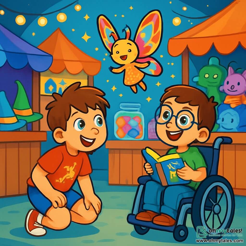 There are three characters: Max, a 7-year-old boy with sparkling blue eyes and messy brown hair, wearing a red t-shirt with a dragon and blue shorts, crouching down curiously at a small magical being; Ollie, a 7-year-old boy in a sparkling wheelchair with brown hair and round glasses, wearing a green t-shirt and jeans, joyfully smiling while holding an adventure book; and Twinkle, a tiny magical creature the size of a hand, with colorful butterfly-like wings and rabbit-shaped ears, smiling and wearing a sparkling dress, flying above Max and Ollie, guiding them. The setting takes place in an enchanted market filled with colorful stalls overflowing with color-changing hats, glowing candies, and fantastic creatures, illuminated by twinkling lights and filled with laughter, creating a joyful and magical atmosphere. The main situation shows Max and Ollie discovering Twinkle, the Fluffsprite, in the market, with Max crouched down, intrigued by the little creature flying around them, while Ollie, in his wheelchair, laughs and claps, amazed by this magical encounter.