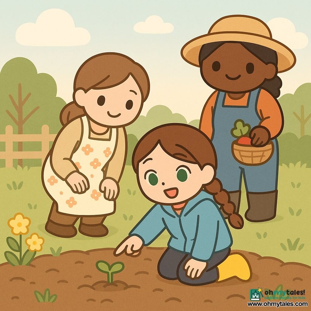 A smiling 10-year-old girl, Maya, with braided brown hair and green eyes kneels in rich brown soil wearing a sky-blue jacket and yellow rubber boots, one hand on the earth and the other pointing to a tiny green sprout emerging from the ground; behind her, her mother (about 35) with a gentle face and light brown tied hair in a floral apron crouches with hands on her knees watching kindly; nearby Farmer Anya (about 40), sturdy and sun-tanned in a straw hat, stands smiling while holding a small basket with a visible red radish; setting: edge of a field by a copse with tufts of grass, scattered yellow primroses, a pale wooden fence and a pastel spring sky with fluffy clouds; mood tender and optimistic, soft late-afternoon light, simple composition and rounded shapes.