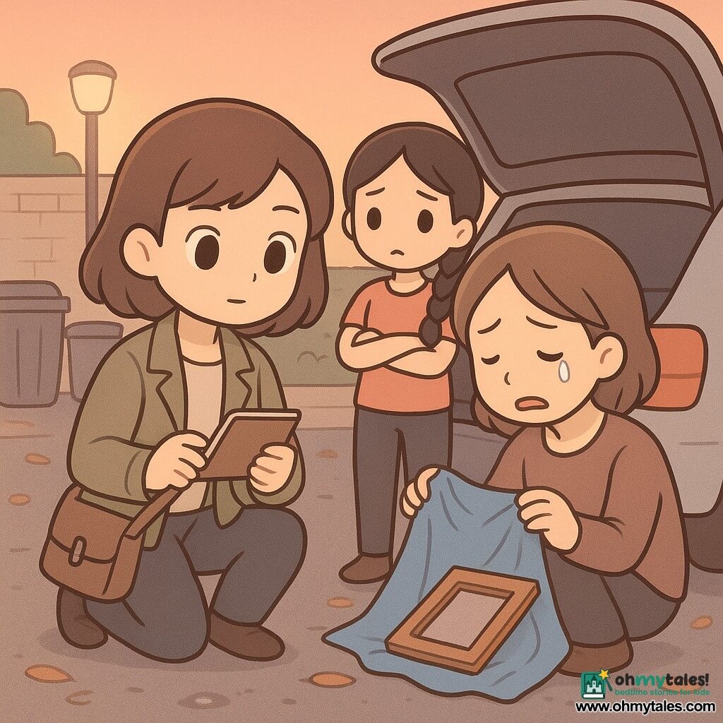 Main woman: Mara, a young detective, calm focused expression, large bright eyes, chin-length chestnut hair, light khaki jacket, kneeling by a car trunk holding a notebook and a small bag with a sealed blue thread. Secondary girl: Talia, about 12, dark braided hair, worried honest face, arms crossed, standing by the rear left door. Secondary woman: Renee, about 35, tired tearful face, trembling hand holding a partly unfolded large blue cloth revealing the corner of a wooden frame, crouched by the trunk's right side. Setting: community center back lot at dusk, wet asphalt with damp leaves, two grey bins, low vegetation and cream brick wall with a beige service door. Main situation: gentle slightly tense discovery—Mara finds a stolen frame wrapped in blue cloth in the trunk, warm lamppost light casts soft shadows, atmosphere of kind suspense. Graphic style: pastel colors, clean rounded lines, tender exaggerated expressions, simple textures (crumpled cloth, wood frame, droplets on asphalt), composition centered on the trio and the small visible corner of the frame.