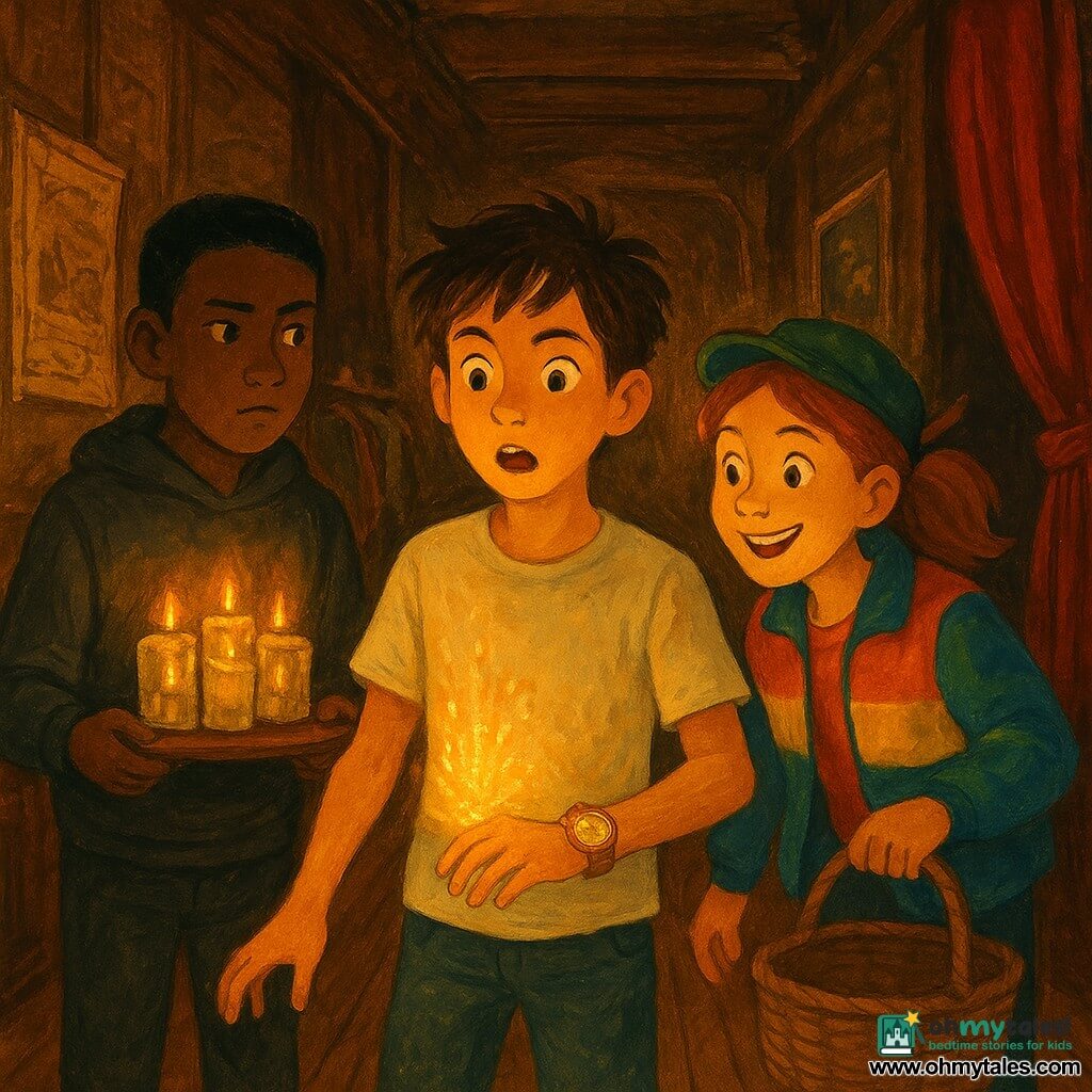 Three children — Milo, an 11-year-old boy with tousled brown hair, a light tee and worn trousers, stands center with a gleaming brass watch on his left wrist, face awed as a golden glow rises from the watch; Zara, an 11-year-old girl with hair tied with a pencil, a colorful jacket and small cap, stands to his right, leaning in with a market basket, smiling with bright eyes; Tomas, an 11-year-old taller boy with short hair and a dark sweatshirt, stands left holding a tray of glass candles, wary but curious — all in a dim old wooden theatre corridor lined with faded posters, costume shelves, smoky glass candles on consoles, crumpled red velvet curtains and rigging; the brass watch emits golden sparks and a heatlike ripple in the air as the corridor seems to transform into an old theatre stage.