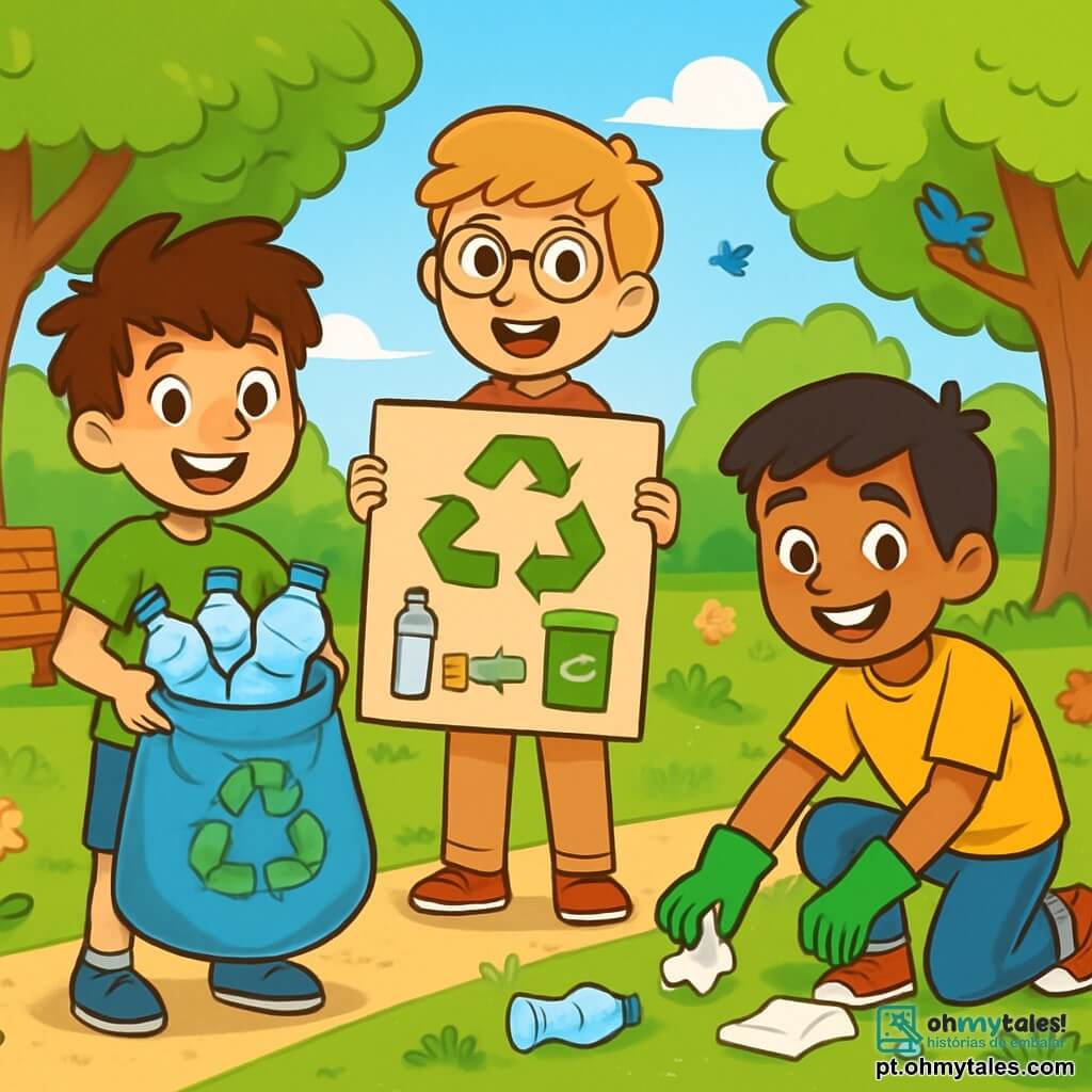Há 3 personagens: - Miguel: Menino de 10 anos, com cabelos castanhos bagunçados e olhos brilhantes. Ele usa uma camiseta verde e um short azul, segurando um saco de reciclagem cheio de garrafas plásticas. - Tomás: Menino de 10 anos, com cabelos loiros e óculos redondos. Ele está vestido com uma camisa xadrez vermelha e uma calça bege, orgulhosamente mostrando um cartaz de papelão com desenhos sobre reciclagem. - Lucas: Menino de 10 anos, com cabelos pretos e um sorriso radiante. Ele usa uma camiseta amarela e jeans, agachado recolhendo lixo com luvas de jardinagem. O cenário é um parque verde, cheio de árvores majestosas, flores coloridas e gramados bem cuidados. A situação principal mostra os três amigos sorridentes e determinados, limpando o parque. Miguel recolhe lixo, Tomás explica a importância da reciclagem para outras crianças, enquanto Lucas demonstra como separar os resíduos. A atmosfera é alegre e dinâmica, repleta de energia positiva e compromisso com a ecologia.