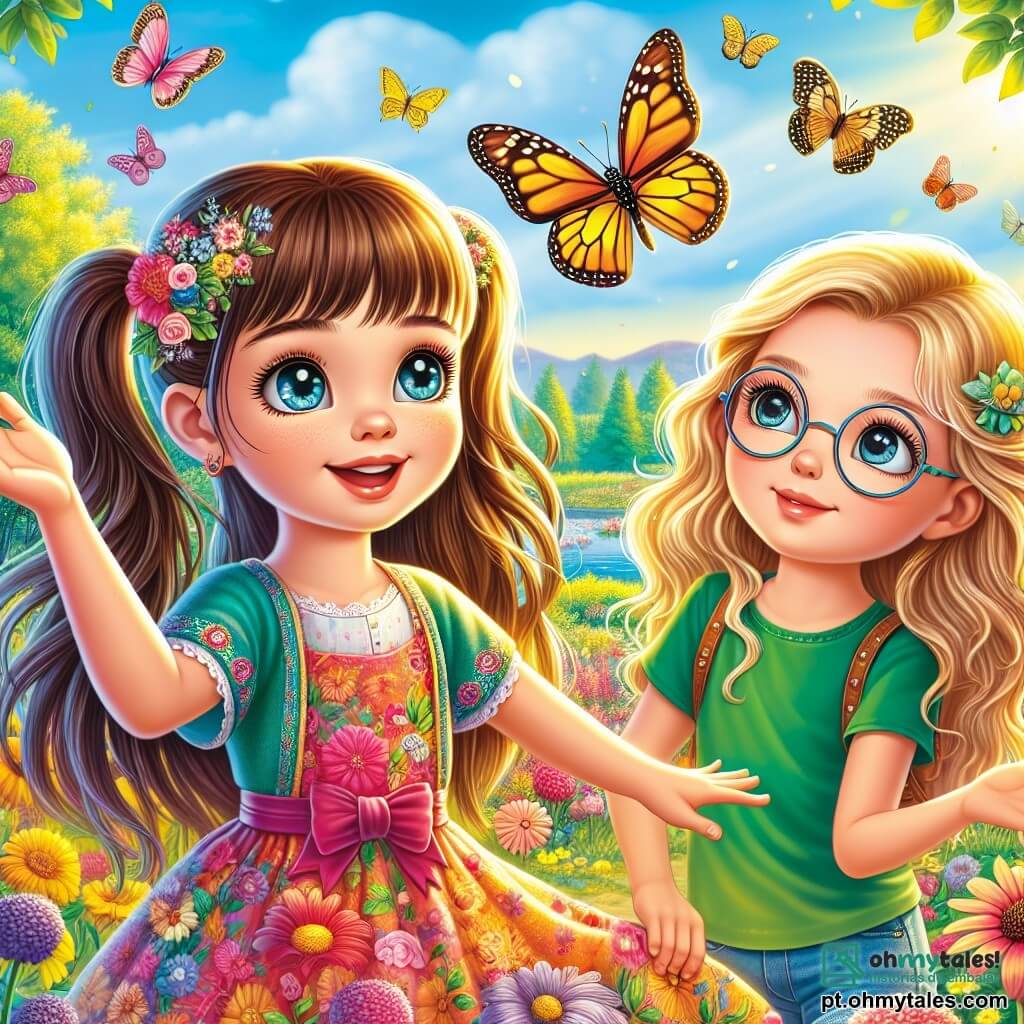 Uma menina de 10 anos, chamada Lia, está no centro da imagem, com os olhos brilhando de maravilha. Ela tem cabelos longos e castanhos, presos em dois coques, e usa um vestido colorido com estampas florais. Lia estende a mão em direção a uma linda borboleta amarela que voa perto dela, com um sorriso radiante no rosto. Ao seu lado, Sofia, outra menina de 10 anos, com cabelos loiros e óculos redondos, observa a borboleta com curiosidade. Ela veste uma camiseta verde e um short de jeans, segurando um pequeno caderno nas mãos, pronta para anotar. O cenário é um parque primaveril vibrante, com flores de todas as cores, árvores floridas e um céu azul claro com nuvens brancas. Borboletas dançam ao redor, acrescentando magia à cena. A situação principal mostra Lia e Sofia maravilhadas com a beleza da natureza, fascinadas pela borboleta que voa entre as flores, simbolizando a alegria e a descoberta da primavera.