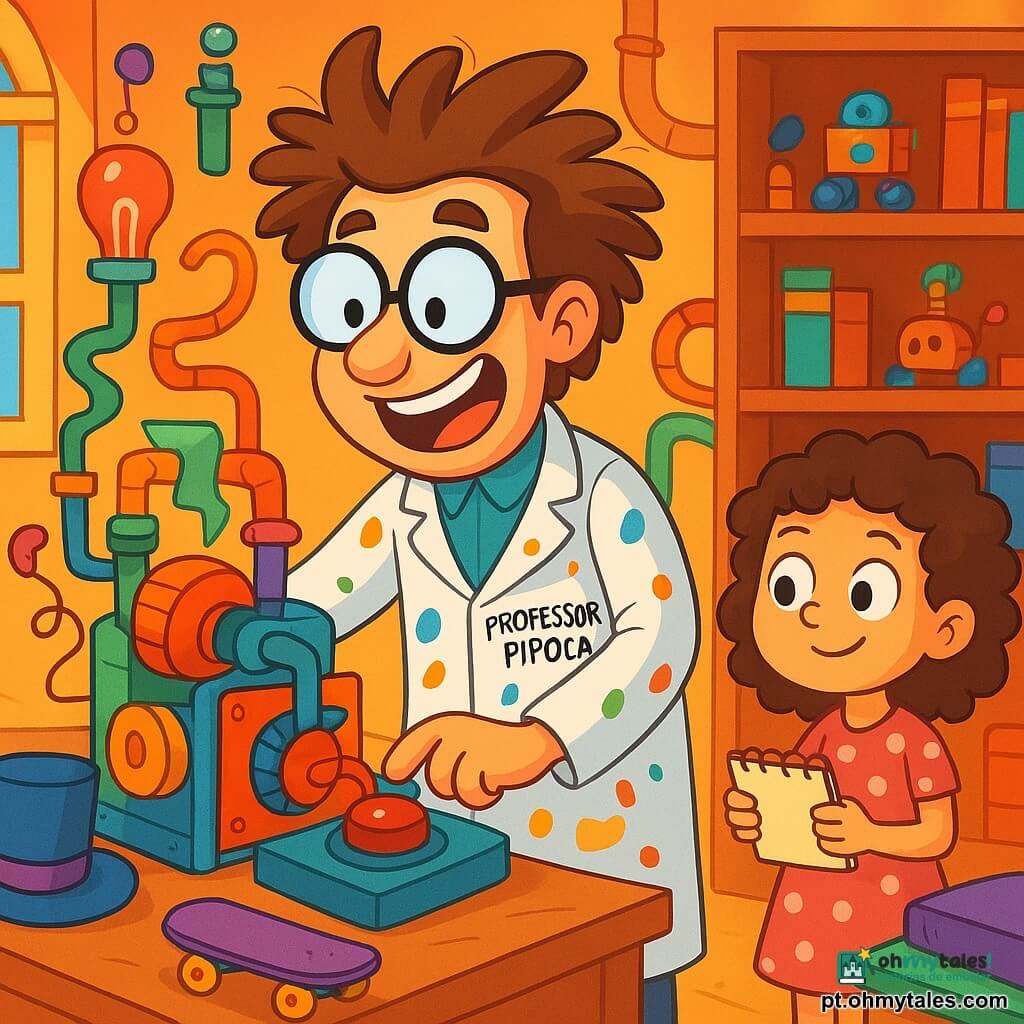 Um homem, o professor Pipoca, está no centro da imagem. Ele tem cabelos desgrenhados, óculos deformados e usa um jaleco branco cheio de manchas coloridas. Seu rosto expressa grande excitação, com olhos brilhantes e um largo sorriso. Ele está montando uma máquina maluca, cercado por peças estranhas como um suporte de chapéu e um patins.

Ao lado dele, uma menina de cerca de 8 anos, com cabelos cacheados e um vestido de bolinhas, observa com admiração. Ela segura um pequeno caderno nas mãos, pronta para anotar as ideias do inventor.

O laboratório é uma sala caótica, cheia de gadgets, tubos coloridos e livros espalhados. Prateleiras de madeira transbordam de brinquedos e invenções inacabadas, enquanto uma janela deixa entrar a luz do sol, iluminando a cena.

Nesta situação, o professor Pipoca está prestes a pressionar um grande botão vermelho da sua máquina, ansioso para descobrir se sua invenção fará todos rirem.