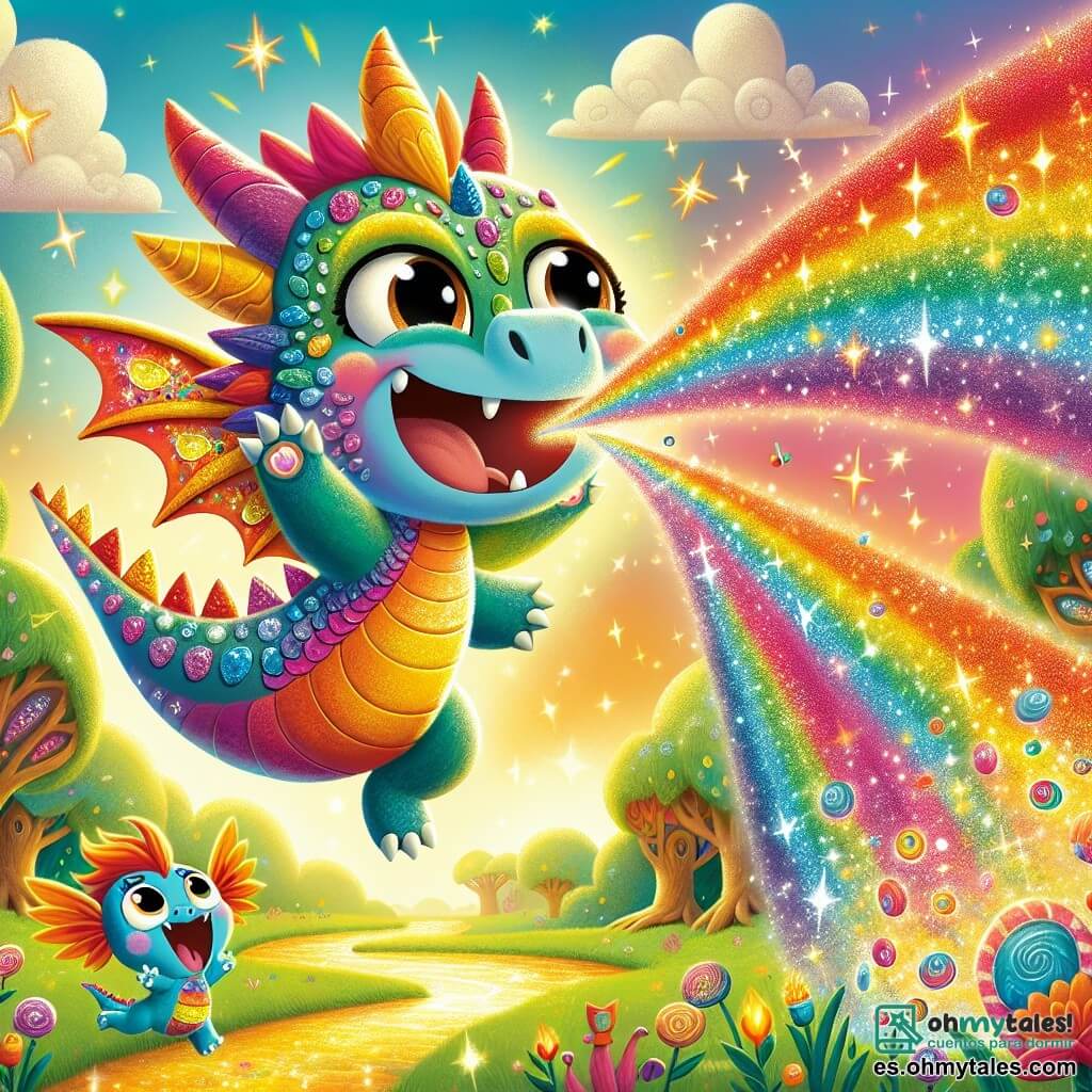 Un pequeño dragón llamado Brillito, con escamas multicolores brillantes como un arcoíris, vuela alegremente en el cielo, con los ojos brillando de felicidad. Está estornudando un arcoíris luminoso, creando una explosión de colores vibrantes a su alrededor. A su lado, Tico, un pequeño pícaro con grandes orejas y cabello brillante, salta de alegría con los brazos levantados hacia el cielo, sonriendo. Lleva una túnica colorida que brilla bajo el sol, admirando el espectáculo de Brillito. El escenario es un reino mágico, con árboles de hojas brillantes y un cielo azul salpicado de nubes en forma de caramelos. A lo lejos, un río de luz dorada serpentea a través de un campo de flores cantantes, añadiendo un toque de magia. La escena principal muestra a Brillito estornudando un arcoíris, iluminando el cielo con colores vivos, mientras Tico lo anima con entusiasmo, creando una atmósfera de alegría y amistad.