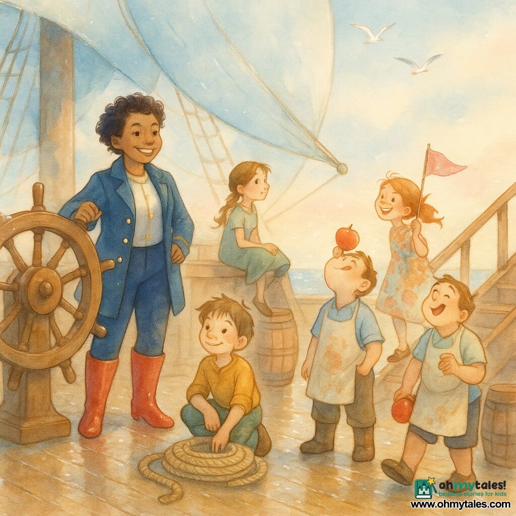 Captain Molly, radiant and confident with a wide smile, short curly hair, and shiny red boots, stands hand on the wheel in a navy captain’s jacket with gold buttons, greeting the gangway warmly; Pip, about seven, with tousled hair and a cute cheek scar, kneels by a neatly coiled rope; Daisy, about ten, slim with a light braid, perches near the mast humming and scanning the horizon; Tommy, about twelve, sturdy with a jam-stained apron, balances an apple on his nose by the barrels, making the crew laugh; a young guest in a colorful dress waves a small pink flag as she boards smiling; the smooth wet wooden deck, azure sails, barrels, rigging, gulls, and a diamond-like sea show the calm and camaraderie after the storm, rain traces still glinting in the returning sun.