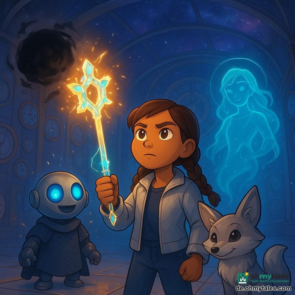 Lyra, 10 Jahre, entschlossener und erstaunter Blick, braune Zöpfe, leichte silberne Jacke, hält vor einer sich auflösenden schwarzen Sphäre einen großen leuchtenden Schlüssel aus Kristallen und Lichtfäden, steht mutig, warmes Licht im Gesicht; links von ihr Tink, kleiner runder Roboter-Zauberer, poliertes Metall, blaue LED-Augen, texturierter Mantel, vibriert und sprüht Funken; hinter ihr rechts Sanja, weiblicher Geist, transluzent cyan-blau, wirbelnde Energieschichten, leuchtender Halo; im Vordergrund neben Lyra Fen, sprechender Fuchs, klein, silbernes Fell, schelmische Augen, aufgerichtete Ohren, Schwanz um die Pfoten gelegt; Ort: große Halle des Sternenheiligtums mit poliertem Kristallboden, Wände voller funkelnder Uhren, zentraler Sternenuhr aus Metall und Glas, durchsichtiges Gewölbe mit violett-blauem Nebelhimmel; Szene: visuell-emotionale Konfrontation — Lyra und Freunde benutzen den leuchtenden Schlüssel der Dankbarkeit, um die schwarze Dark Nova aufzulösen; starke Kontraste zwischen wirbelnden Schatten und farbigen Strahlen, episch aber warm, zentrierte Komposition, dramatische Gegenlichtbeleuchtung; Stil: gesättigte Farben, scharfe Texturen, weiche Volumen, Reflexe auf Metall und Kristall, gut lesbare Mimik, kindlich-science-fantasy Atmosphäre.
