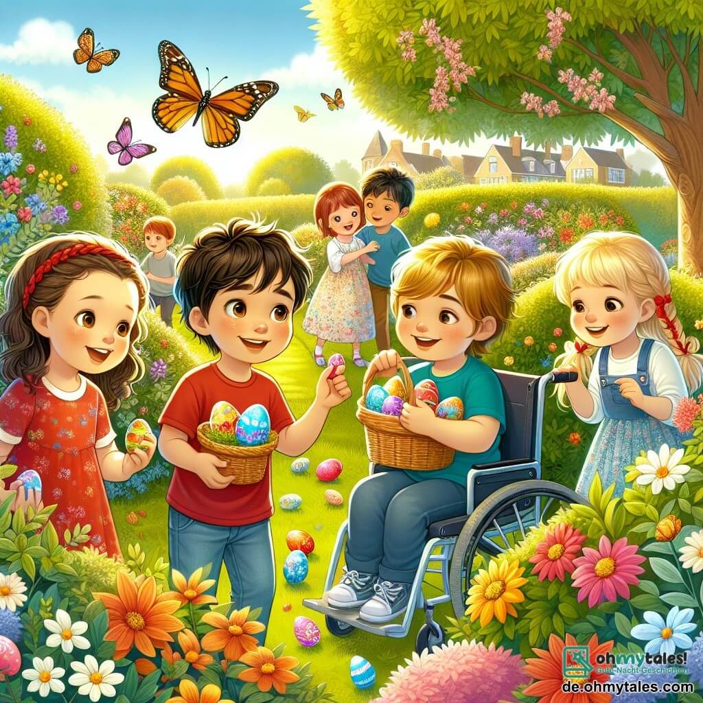 In einem sonnigen Garten versammeln sich vier Kinder um einen großen Baum mit leuchtenden Blumen. Max, ein 8-jähriger Junge mit zerzausten braunen Haaren und einem roten T-Shirt, hält ein buntes Ei in seinen Händen, seine Augen leuchten vor Aufregung. Neben ihm lächelt Emma, ein 7-jähriges Mädchen mit geflochtenen blonden Haaren und einem blumigen Kleid, während sie auf einen wunderschönen Schmetterling zeigt, der in ihrer Nähe fliegt. Leo, ein 9-jähriger Junge mit Brille und kastanienbraunen Haaren, hockt und sucht konzentriert ein verstecktes Ei im Gebüsch. Schließlich beobachtet Mia, ein 8-jähriges Mädchen im Rollstuhl mit lockigem Haar und einem großen Lächeln, ihre Freunde und hält einen kleinen Korb voller bunter Eier. Der Garten ist voller bunter Blumen, tanzender Schmetterlinge und sanftem goldenem Licht, das die Szene erhellt. Im Hintergrund sieht man eine gepflegte Hecke und einen blauen Himmel mit flauschigen weißen Wolken. Die Kinder feiern Ostern, indem sie im Garten nach versteckten Eiern suchen, lachen und sich gegenseitig anfeuern, was eine fröhliche und festliche Atmosphäre schafft.