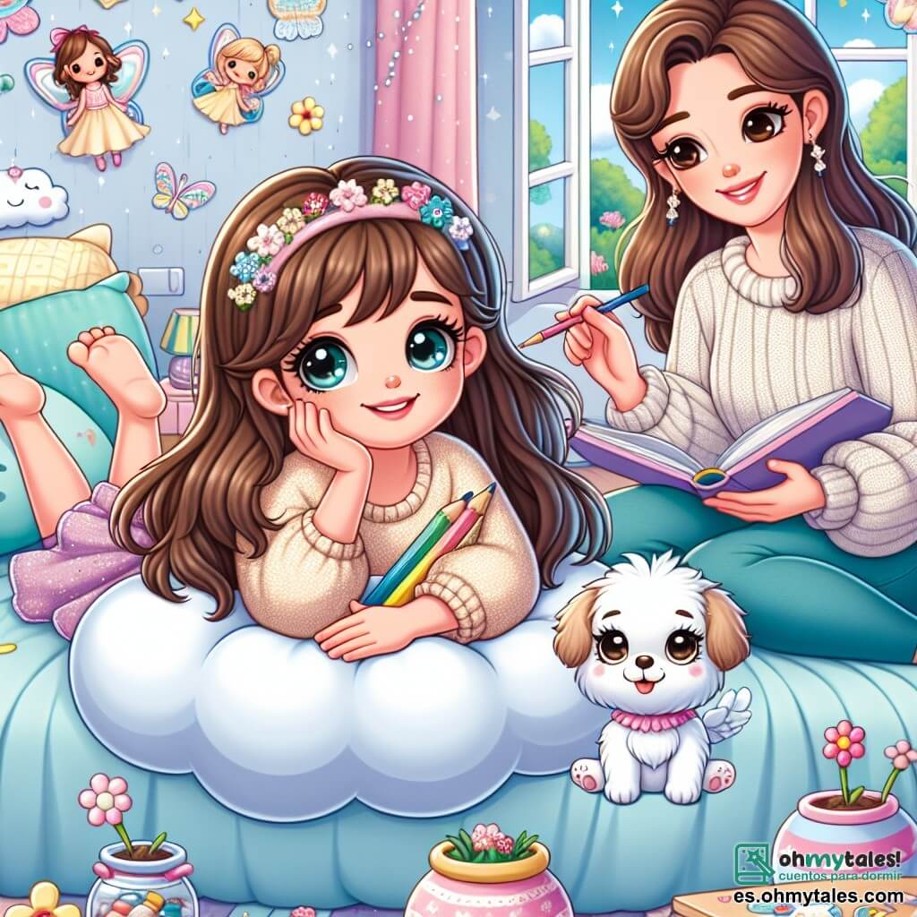 Una niña de 6 años, Lucía, con largos cabellos castaños y ojos llenos de curiosidad, está acostada en su cama, rodeada de cojines en forma de nubes. Sonríe con asombro, sosteniendo un lápiz de colores en su mano, lista para dibujar su jardín mágico. A su lado, su mamá, una mujer de unos treinta años con cabello castaño y una sonrisa dulce, está sentada al borde de la cama, mostrándole un libro de cuentos. Lleva un suéter cómodo y parece llena de amor y ternura. En un rincón de la habitación, Copito, un pequeño perro blanco de ojos traviesos, juega con un peluche en forma de flor, añadiendo alegría a la atmósfera. La habitación está decorada con paredes en tonos pastel, calcomanías de hadas y flores, y una ventana abierta deja entrar la luz del sol, iluminando la escena. Lucía imagina un mundo mágico donde los medicamentos son pociones de colores y puede volar con alas de hada, transformando su realidad en una aventura llena de colores y risas.