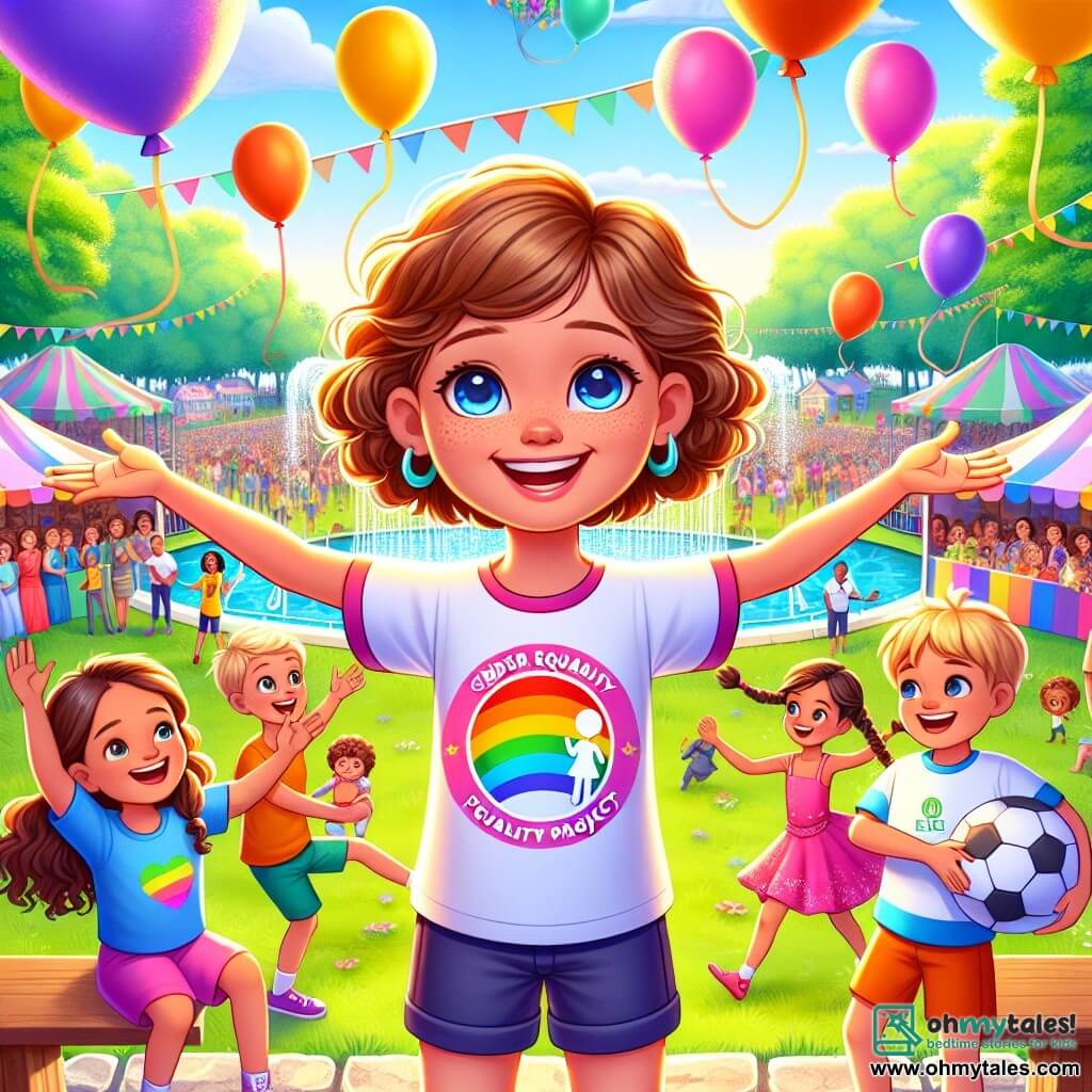 A 9-year-old girl, Emma, with bright blue eyes and curly brown hair, stands with a big smile, surrounded by her friends, presenting her project on gender equality. She wears a colorful t-shirt with her initiative's logo, and her arms are open in an inviting gesture. Next to her, Leo, a 10-year-old boy with brown hair in a dance outfit, joyfully performs a spin, showcasing his passion for dance. Mia, a 9-year-old girl with braided blonde hair, wears a soccer jersey and holds a ball, proudly demonstrating that she can play soccer just as well as the boys. The setting is a lively park during a community fair, with colorful stalls, floating balloons, and families laughing and enjoying themselves around them. Vibrant posters with equality messages decorate the background, adding a festive touch to the atmosphere. The main scene shows Emma and her friends discussing with children and parents, sharing their message of gender equality, while a small group of spectators applauds and smiles, creating an atmosphere of enthusiasm and support.