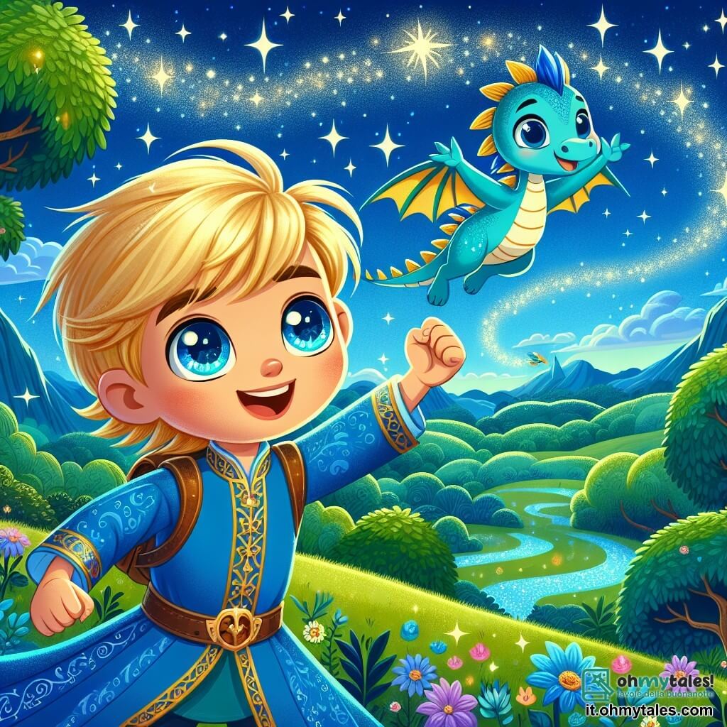 Un principe di nome Leo, di circa 10 anni, si trova sulla cima di una collina verdeggiante, con capelli biondi luminosi e occhi pieni di curiosità. Indossa una tunica blu decorata con motivi dorati, e il suo volto esprime una gioiosa determinazione mentre guarda il cielo stellato. Accanto a lui, un piccolo drago blu, con squame scintillanti e occhi dolci, si libra in aria, con le ali spiegate, cercando la sua luce magica perduta. Il paesaggio è incantevole: una foresta fitta con alberi maestosi dalle foglie verdi brillanti, fiori colorati che danzano al vento e un ruscello scintillante che serpeggia nella valle. La notte è illuminata da stelle brillanti, creando un'atmosfera magica. La scena principale mostra Leo e il drago che volano insieme verso le stelle, Leo che tende la mano verso una stella scintillante che sembra avvicinarsi a loro, mentre il drago, pieno di speranza, si alza con entusiasmo, pronto a ritrovare la sua luce.