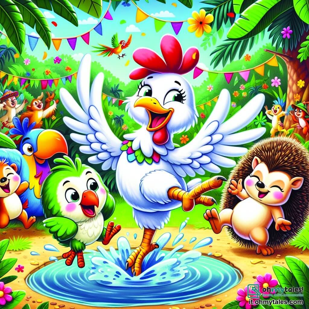 Una gallina di nome Pina, con piume bianche brillanti e un grande sorriso gioioso, balla entusiasta al centro di una festa colorata, con le ali spiegate e le zampe sollevate, schizzando acqua saltando in un piccolo stagno. Accanto a lei, un pappagallo di nome Giacomo, con piume verdi e gialle, imita suoni divertenti con un'aria birichina, mentre un piccolo riccio di nome Rocco, con le sue spine marroni, rotola felicemente intorno a loro, ridendo di cuore. La scena si svolge in un villaggio vibrante, circondato da alti palme e un grande albero di mango, dove fiori vivaci aggiungono tocchi di colore all'ambiente. Sullo sfondo, animali della giungla ballano e si divertono, creando un'atmosfera festosa e gioiosa, mentre Pina e i suoi amici celebrano la loro amicizia con risate e canti.