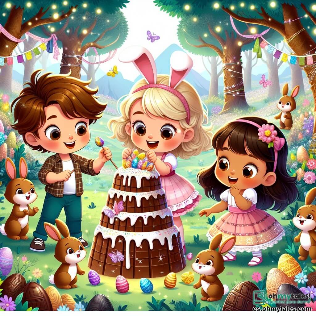 En un mundo mágico de Pascua, cuatro niños están en el centro de un claro de un bosque encantado. Lucas, un niño de siete años con el cabello castaño desordenado y una brillante sonrisa, decora un árbol de chocolate con cintas de colores. A su derecha, Sofía, una niña de cabello rubio y ojos brillantes, cuenta una historia a los conejitos que la escuchan atentamente. A la izquierda, María, con cabello castaño y un vestido rosa, baila alegremente con conejitos de chocolate que saltan a su alrededor. Finalmente, Pedro, un niño de cabello negro y gafas redondas, hace trucos de magia con huevos de Pascua que aparecen y desaparecen en sus manos. El lugar está lleno de árboles gigantes de chocolate, con ríos de caramelo que serpentean entre arbustos de caramelos. Flores multicolores y mariposas brillantes añaden magia al lugar, bajo un cielo azul brillante que ilumina la escena. Los niños y los conejitos están preparando un espectáculo de Pascua, rodeados de decoraciones coloridas y un ambiente festivo, todos unidos en la alegría y la emoción de esta aventura mágica.