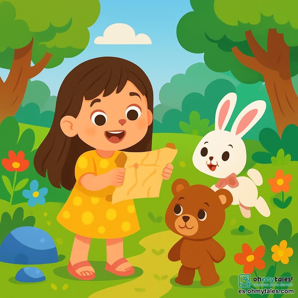 Una niña de 4 años, con largos cabellos castaños y ojos llenos de curiosidad, sostiene un viejo trozo de papel enrollado, con una gran sonrisa iluminando su rostro. Lleva un vestido amarillo con lunares y sandalias rosas, y está de pie en un jardín mágico. A su lado, un adorable osito de peluche llamado Simón, con pelaje marrón y ojos brillantes, observa el papel con fascinación. Un poco más lejos, una conejita blanca llamada Lila, con grandes orejas y un pequeño lazo rosa alrededor del cuello, salta alegremente, lista para explorar. El jardín está lleno de flores coloridas que bailan al viento, árboles de troncos gruesos y piedras brillantes que parecen vivas. La niña, Simón y Lila están a punto de partir en una aventura en busca de un tesoro escondido, rodeados de una atmósfera encantada y luminosa.