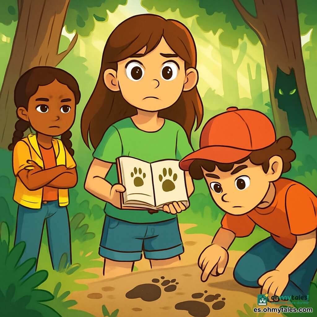 Una niña de 12 años, Clara, con largos cabellos castaños y ojos llenos de curiosidad, se encuentra en el centro de la escena, con aire decidido y algo preocupada. Lleva una camiseta verde claro y un short de mezclilla, sosteniendo una libreta abierta en sus manos, donde se pueden ver dibujos de huellas. A su lado, su amigo Mateo, un niño de 11 años con cabello rizado y una gorra roja, observa atentamente el suelo, inclinado hacia adelante, con una expresión concentrada. Sira, una niña de 12 años con trenzas y un chaleco amarillo, se mantiene un poco más atrás, con los brazos cruzados y una expresión reflexiva. La escena ocurre en un claro del bosque, rodeada de grandes árboles con troncos gruesos y hojas verdes brillantes, con rayos de sol filtrándose entre las ramas, creando patrones luminosos en el suelo. A lo lejos, se ve una silueta oscura, el Gran Lobo, escondido detrás de un árbol, con ojos brillantes observando al grupo. Clara y sus amigos están investigando las misteriosas huellas dejadas en la tierra, tratando de descubrir la verdad detrás de los rumores del Gran Lobo, mientras se mantienen cautelosos y en silencio para no asustar a los animales del bosque.