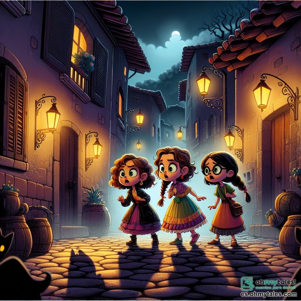 Tres chicas valientes se encuentran en el centro de una calle oscura y misteriosa: Julia, una niña de nueve años con cabello rizado castaño y ojos brillantes de curiosidad, observa fijamente una sombra moviéndose en la pared; Clara, también de nueve años, tiene trenzas rubias y lleva un vestido colorido, señala la sombra con una mezcla de emoción y aprensión; finalmente, Sofía, la más pragmática, tiene el cabello lacio y negro y usa gafas redondas, se mantiene un poco atrás con los brazos cruzados, pero su mirada es decidida. El lugar es una calle estrecha del pueblo de Valle Oscuro, donde las farolas parpadean, proyectando sombras danzantes sobre los adoquines húmedos. Las casas antiguas, con sus contraventanas de madera y techos de tejas, parecen observar a los niños, mientras que los árboles de ramas torcidas se alzan como siluetas amenazantes en la noche estrellada. La situación principal muestra a las tres chicas frente a una sombra misteriosa que se mueve en la pared, creando una atmósfera intrigante y ligeramente aterradora. Las expresiones en sus rostros revelan una mezcla de miedo y determinación mientras se preparan para enfrentar lo desconocido juntas.