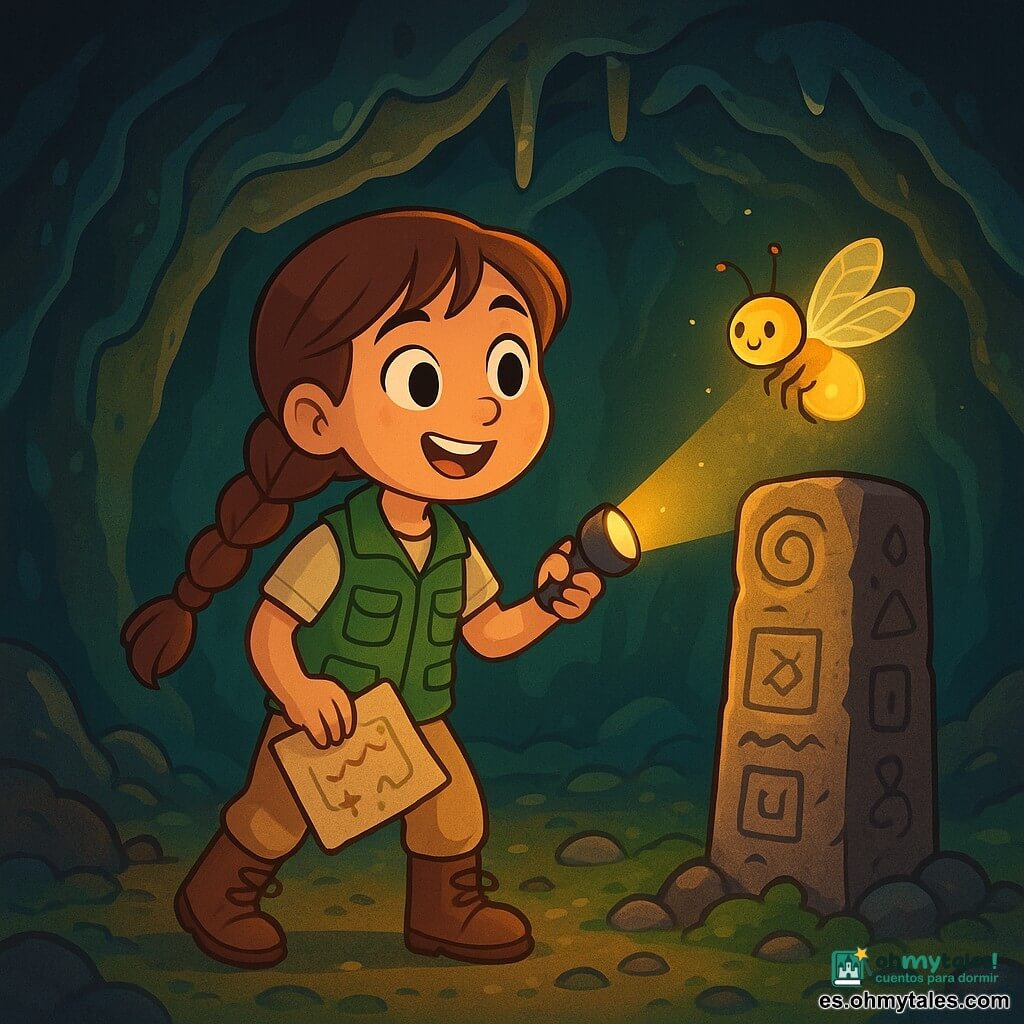 Lía, una joven exploradora de unos 10 años, está en el centro de la imagen. Tiene el pelo largo y castaño trenzado, ojos llenos de curiosidad y una sonrisa alegre. Lleva un chaleco verde de exploradora, pantalones beiges y botas robustas. Sostiene un mapa en una mano y una pequeña linterna en la otra, mirando maravillada un hito de piedra antiguo grabado con símbolos misteriosos. A su lado, Chispa, una luciérnaga brillante, vuela a su alrededor, emitiendo una suave luz dorada. El escenario es una caverna mágica, con paredes de piedra lisas y brillantes, estalactitas que caen del techo y un suelo cubierto de pequeñas piedras y musgo verde. La situación principal muestra a Lía explorando la caverna, fascinada por el hito de piedra que acaba de descubrir, llena de entusiasmo y determinación para entender los secretos de este lugar encantador.