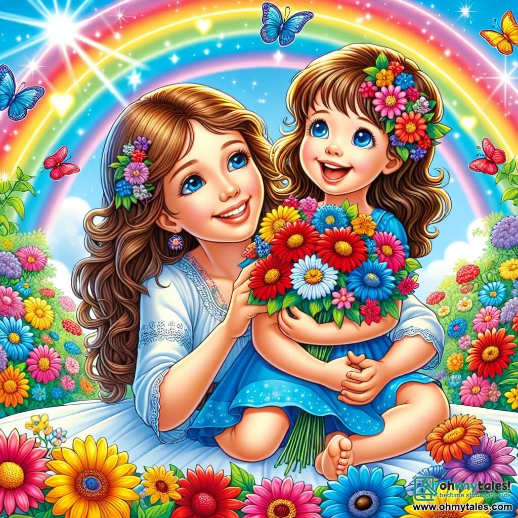 A 4-year-old girl named Lily, with sparkling blue eyes and curly brown hair, is sitting in a colorful garden surrounded by vibrant flowers. She has a joyful smile on her face, holding a large bouquet of red, blue, and yellow flowers that shine in the sun. Next to her is her mother, a woman in her thirties with long brown hair, wearing a light dress and tenderly smiling at her daughter while embracing her. The garden is a true rainbow, filled with brightly colored flowers, with a large, shining rainbow stretching across the blue sky. Colorful butterflies fly around them, adding a touch of magic to the scene. Lily and her mother are discovering the magical flowers of the garden together, with Lily laughing as she smells the flowers while her mother explains how each color can help her feel better.