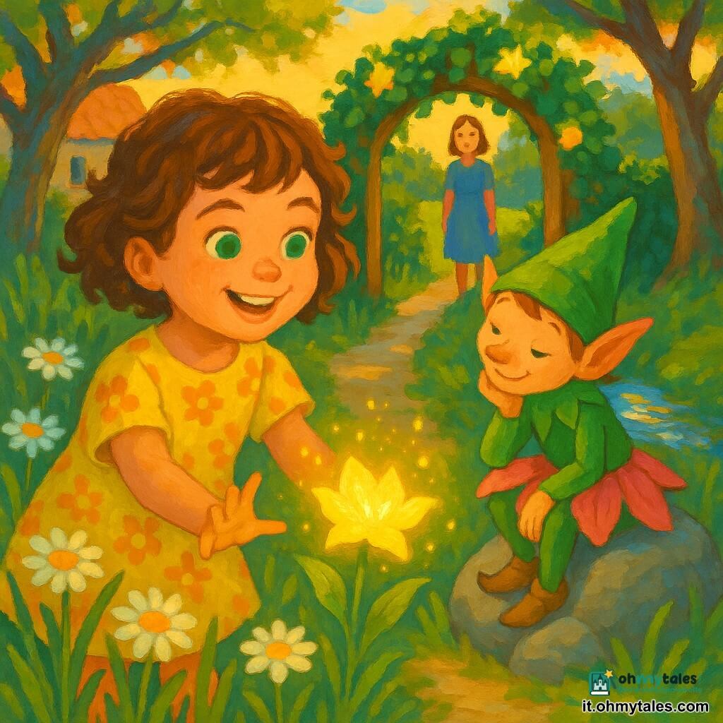 Una bambina di 6 anni, Livia, radiosa e curiosa con capelli castani corti e ricci e occhi verdi, in un vestito giallo a fiori sorride tendendo la mano verso una piccola creatura fatata chiamata Fiorello, dal viso malizioso, cappello verde a punta e abito di petali rosa, seduto su una pietra alla sua destra che le parla inclinando la testa; sullo sfondo una madre di circa 30 anni vicino a una casa di pietra osserva la scena dal sentiero; il luogo è un sentiero stretto fiancheggiato da margherite e erbe alte che conduce a un cancello di legno coperto di edera e fiori fosforescenti, con alberi nodosi e un ruscello scintillante; momento di meraviglia al confine di un giardino magico, luce calda del tardo pomeriggio, colori vivaci, texture da pittura acrilica, ombre morbide e polvere dorata nell’aria, stile infantile con dettagli semplici e composizione centrata sul rapporto tra la bambina e il folletto, atmosfera sicura e invitante.