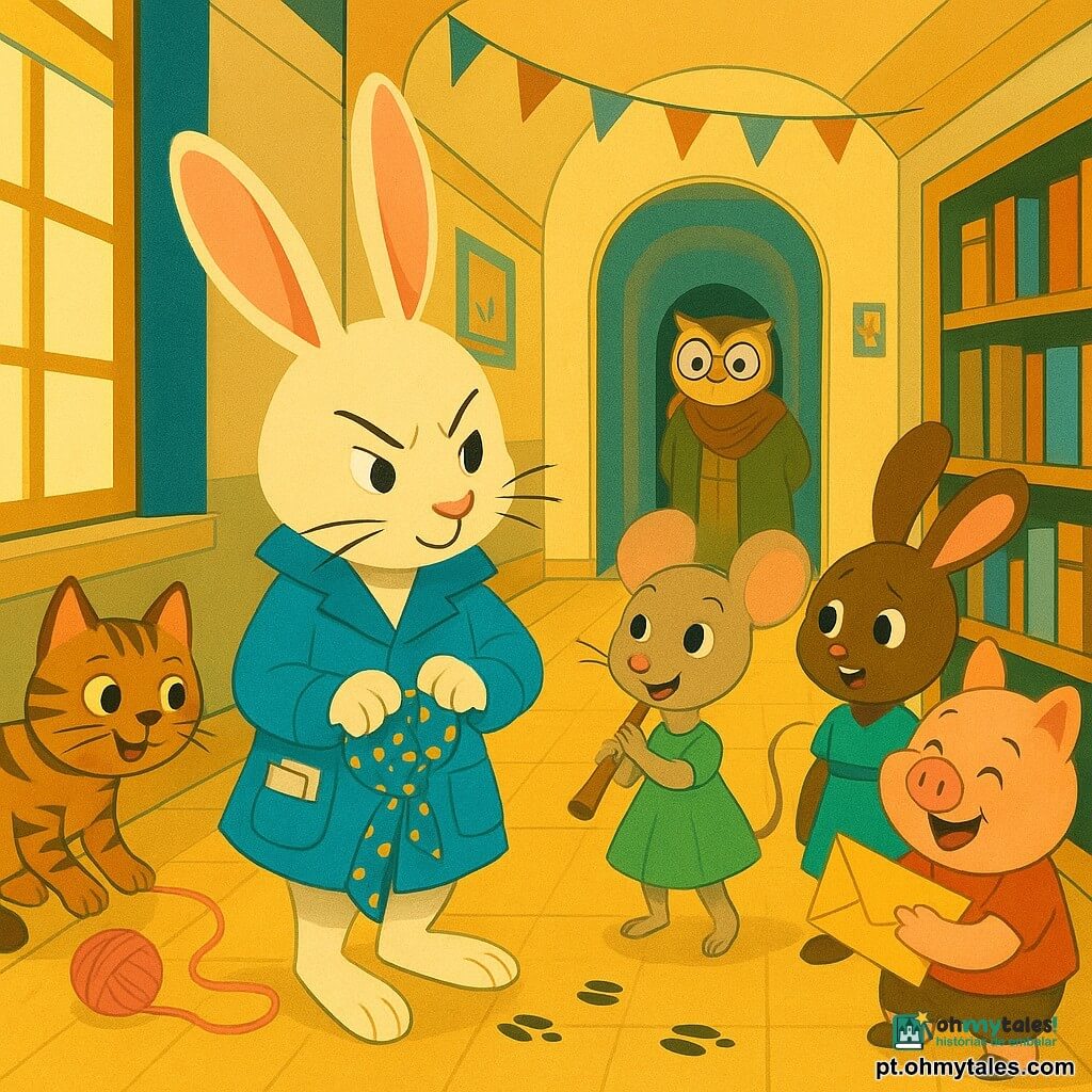 Tobias é um pequeno coelho detetive, expressão maliciosa e concentrada, pelo creme, grandes orelhas rosadas, casaco azul claro com bolsos cheios de mapas, segura um laço azul com bolinhas amarelas e observa pequenas pegadas no chão; Nina é um pequeno rato musicista, rosto alegre, vestido verde, com uma flauta na mão, à direita de Tobias olhando o laço; Mimi é uma jovem gata tigrada, pata presa em um fio de lã rosa, expressão travessa, agachada junto a uma estante atrás de Tobias; Lili é uma pequena coelha morena, preocupada mas sorrindo, mostrando um envelope amarelo aberto; Hugo é um leitão rechonchudo, hilariante, rindo perto de Lili; a professora Coruja é uma coruja benevolente de óculos redondos e xale marrom, aparecendo no batente de uma porta ao fundo do corredor, sorrindo e surpresa; o corredor da escola é iluminado, chão de madeira polida, paredes creme com guirlandas coloridas e cartazes desenhados, grandes janelas com luz dourada; cena: pequena investigação coletiva no meio do corredor, clima caloroso e dinâmico, composição centrada em Tobias segurando o laço, indícios visíveis (pegadas delicadas, fio de lã rosa, envelope amarelo) no chão, paleta quente de amarelos, azuis e verdes, contrastes nítidos e formas estilizadas em estilo art déco.