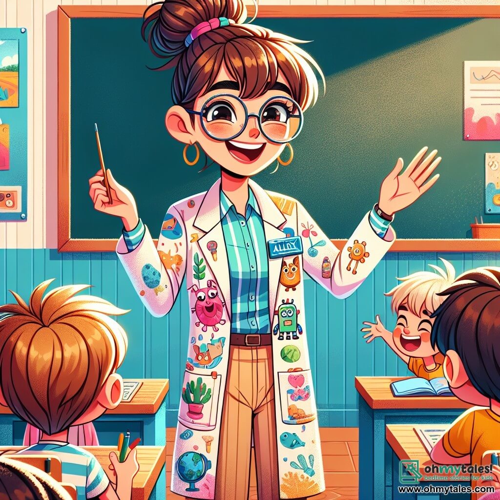 A teacher, Miss Emily Parker, stands in front of a blackboard, her face glowing with joy and enthusiasm. She has brown hair tied in a messy bun and wears a colorful blouse adorned with animal designs. Her eyes shine with excitement as she explains a class project to her students. Alex, a 9-year-old boy with messy brown hair and glasses, sits in the front row, raising his hand with a big smile, eager to ask a question. He wears a blue t-shirt with a robot pattern and beige pants. The scene takes place in a bright classroom filled with colorful posters on the walls, wooden desks, and a large window letting in sunlight, illuminating the children's faces. Miss Parker passionately explains the environmental protection project, while energetic Alex is ready to share his ideas. The other students, sitting at their desks, listen attentively, captivated by their teacher's enthusiasm.