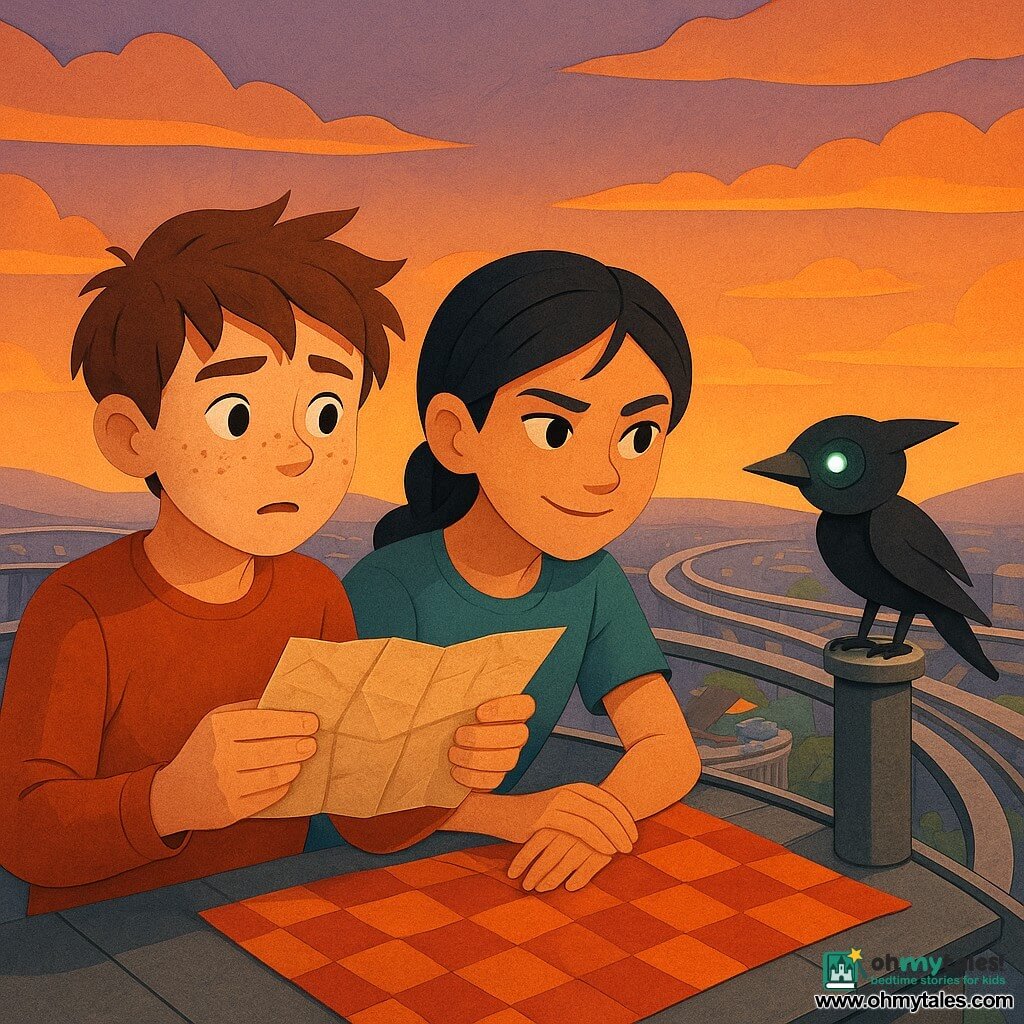 Twelve-year-old Milo, round-faced with freckles and messy brown hair, holds a crumpled paper map and looks toward the horizon with a curious, slightly worried expression; beside him stands twelve-year-old Inez, black hair in a braid, sharp determined eyes, leaning over the map with one hand on a picnic blanket edge and a confident half-smile. A small shiny black bird-shaped drone perches on a nearby metal post, its glowing lens casting a faint green light on the map. They stand on the Skyline Deck, a glass-and-metal platform at the edge of a rolling city—curved polished steel railings, orange-purple sunset sky, silver rails sweeping away, miniature rooftop gardens and mosaic solar panels below—holding a mysterious city-laid map on a magnetic picnic blanket as wind ruffles the pages, a tense, curious moment of decision.