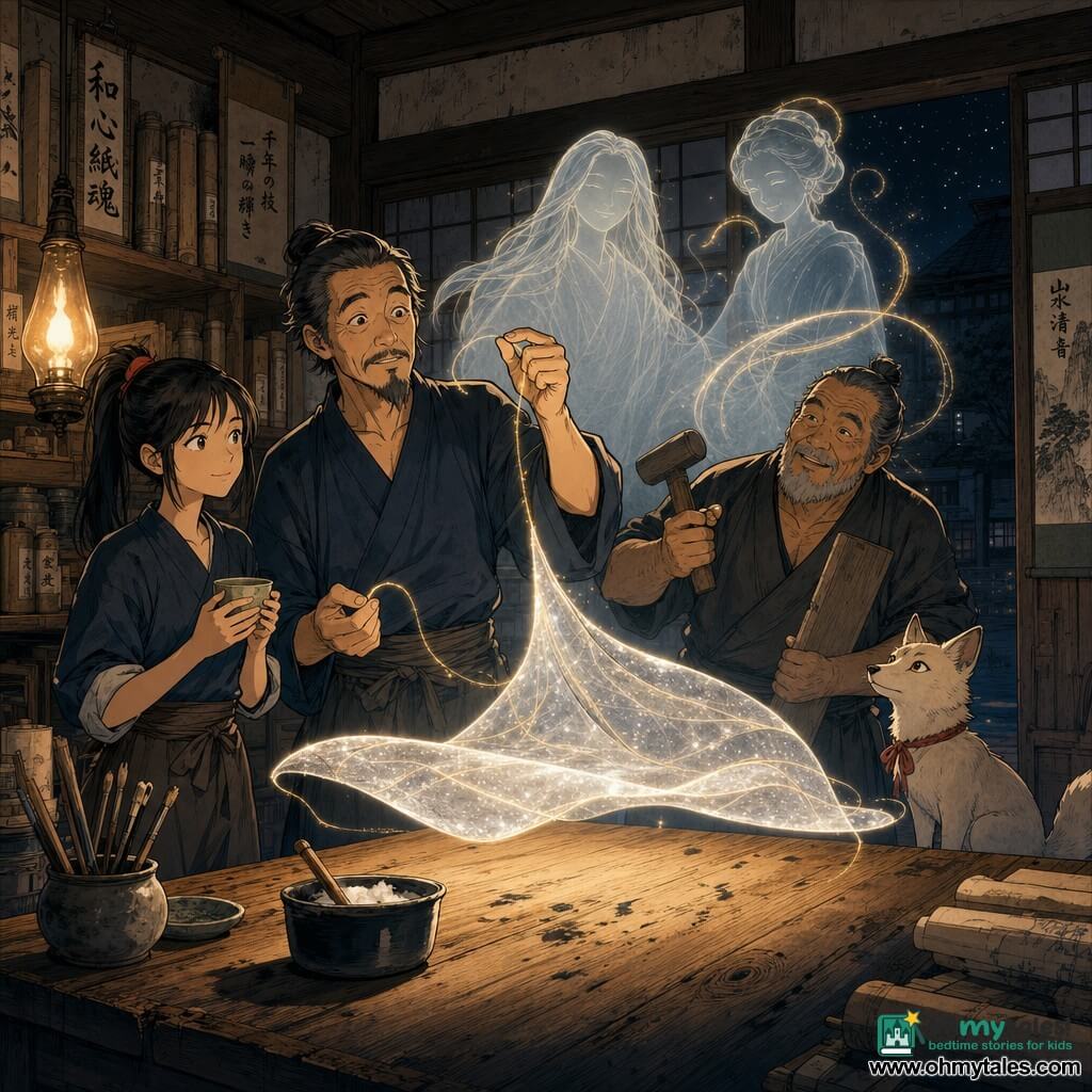 Haru, about 50, with a lined face and gentle eyes, stands by a long repaired wooden table holding a small shining thread toward a silver-luminous veil floating above the table; Miki, about 18, hair tied, sleeves rolled, holds a teacup to Haru’s left watching the glowing veil; Kenji, about 65, broad and callused, stands behind them with a hammer and board, smiling; a pale fox with a red ribbon sits by the workshop threshold observing; the Japanese workshop has dark wood and paper walls, shelves of painted scrolls, wooden and bamboo tools, warm oil lamps casting sharp shadows, and the table bears ink stains, brushes and a pot of glue while two translucent friendly spirits stand behind the veil beneath a starry night visible through the windows.