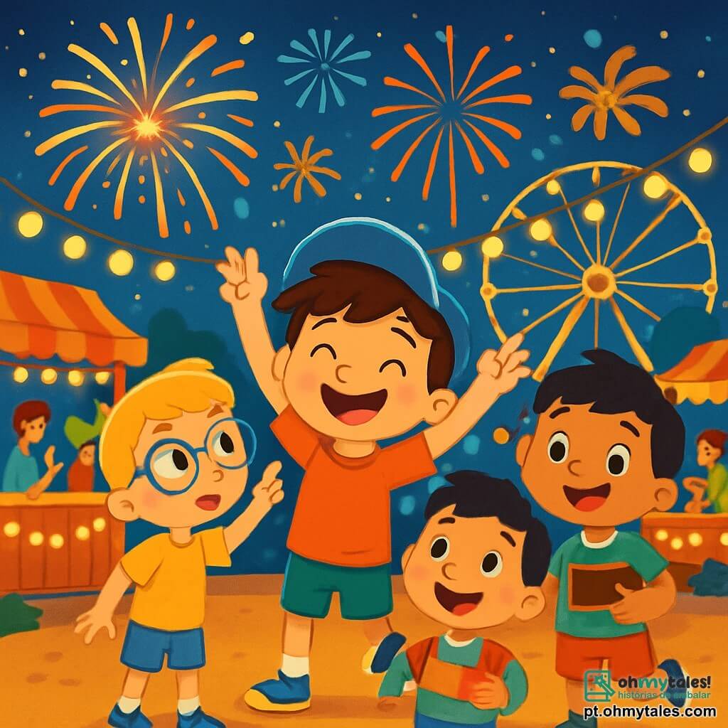 Há 4 crianças: - João: um menino de 5 anos, pequeno e sorridente, com cabelo castanho bagunçado e um chapéu azul na cabeça. Ele está no centro, levantando os braços com entusiasmo. - Lucas: um menino de 5 anos, curioso, com cabelo loiro e óculos redondos. Ele está à esquerda de João, apontando para um fogo de artifício no céu. - Tiago: um menino de 5 anos, com um grande sorriso e bochechas redondas, cabelo negro e roupa colorida. Ele está à direita de João, segurando um pedaço de bolo de chocolate. - Dudu: um menino de 5 anos, muito energético, com cabelo castanho e uma camiseta vermelha. Ele está um pouco atrás, pulando de alegria com os braços para cima. O local é uma grande praça animada, decorada com luzes piscantes e balões coloridos. Barracas de comida com luzes decorativas cercam o palco, e uma roda gigante iluminada brilha ao fundo. O céu está cheio de fogos de artifício brilhantes, criando um espetáculo de cores vibrantes. A cena principal mostra os quatro amigos celebrando o Ano Novo, rindo e se divertindo juntos sob os fogos de artifício, cercados por famílias alegres e decorações festivas.