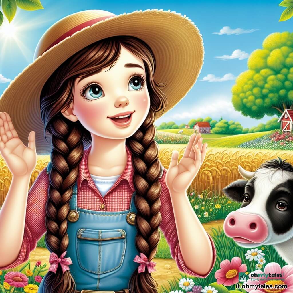 Una giovane agricoltrice, Arianna, con i capelli castani intrecciati e un grande cappello di paglia, si trova in mezzo a un campo verdeggiante, il viso illuminato da un sorriso curioso e meravigliato. Indossa una camicia a quadri rossi e jeans, e guarda con fascinazione verso un boschetto vicino da cui proviene un misterioso mormorio. Vicino a lei, un piccolo maialino rosa, vivace e gioioso, rovista nell'erba, aggiungendo vita alla scena. Più lontano, una vecchia mucca bianca e nera, pacifica e saggia, ruminando tranquillamente, osserva Arianna con occhi dolci. Il paesaggio è una fattoria in piena fioritura, con campi di grano dorato che ondeggiano al vento, fiori colorati che bordano il sentiero e un cielo blu brillante punteggiato di nuvole bianche e soffici. La scena principale mostra Arianna, intrigata dal rumore misterioso proveniente dal boschetto, pronta ad avventurarsi verso l'ignoto, con un'espressione di determinazione ed eccitazione sul volto.