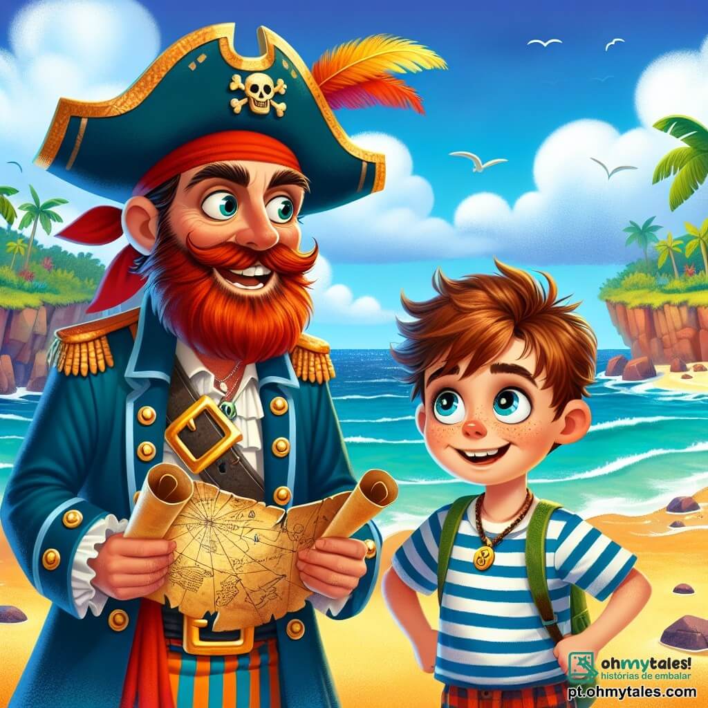 No primeiro plano, o personagem principal, o Capitão Nino, é um homem de meia-idade com barba ruiva e cabelos desgrenhados. Ele usa um chapéu de pirata adornado com uma pena colorida e um manto azul com botões dourados. Seu rosto expressa excitação e determinação enquanto segura um mapa do tesouro, observando o horizonte com um grande sorriso. Ao seu lado, Tico, um garoto de cerca de 8 anos, tem cabelos castanhos e olhos brilhantes de curiosidade. Ele veste uma camiseta listrada e um short, olhando o mapa com admiração, as mãos na cintura, pronto para a aventura. Ao fundo, vê-se a ilha de Léo, uma praia de areia dourada cercada por palmeiras verdes e rochas íngremes. O céu é azul com algumas nuvens brancas, e ondas suaves se quebram na costa. A cena principal mostra Nino e Tico, de pé na praia, examinando o mapa do tesouro, prontos para embarcar em uma nova aventura em busca do tesouro escondido.