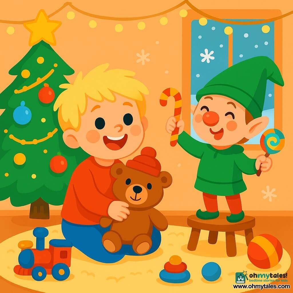 A cheerful 2-year-old boy with messy blonde hair and rosy cheeks smiles while holding his teddy bear, Teddy, who wears a small red hat. The boy sits on a fluffy rug surrounded by colorful toys, his eyes shining with excitement. Next to him, a mischievous elf with a pointed green hat and a sparkling red nose makes funny faces while waving colorful candies. The elf stands on a small wooden chair, adding a touch of magic to the scene. The room is decorated for Christmas, with twinkling garlands, a tree filled with shiny ornaments, and snowflakes gently falling outside the window. In this joyful scene, the boy and the elf share a moment of laughter, surrounded by treats and magic, as the playful elf prepares a fun surprise for his friend.