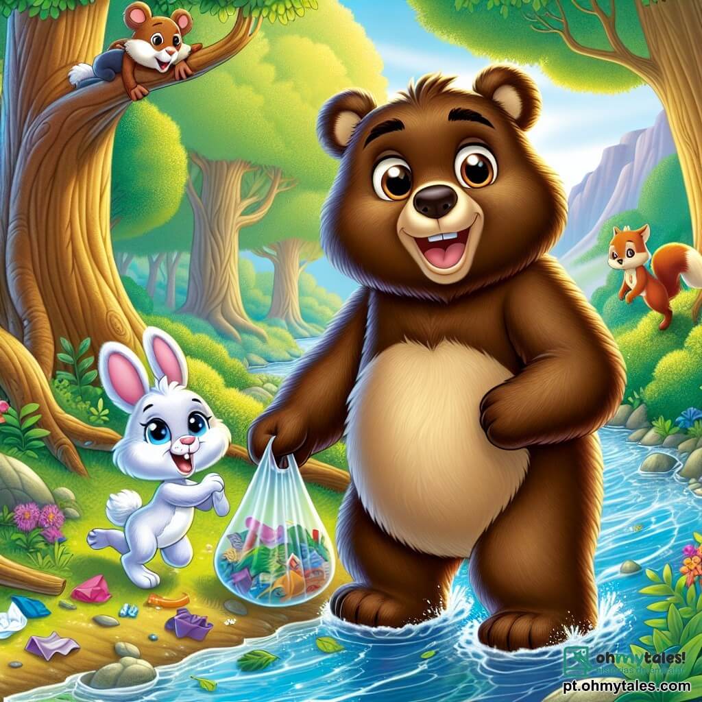 Um grande urso pardo, chamado Bruno, está à beira de um riacho cintilante, com um olhar determinado e alegre em seu rosto. Ele tem um pelo macio e sedoso e segura um grande saco plástico cheio de lixo que acabou de recolher. Ao seu lado, uma pequena coelha branca chamada Lili, com grandes olhos brilhantes, salta alegremente segurando um pedaço de papel colorido em suas patas. Ela sorri, cheia de entusiasmo, pronta para ajudar seu amigo. Um esquilo travesso, Tico, sobe em um galho de árvore, suas pequenas patas ágeis se agarrando à casca, e olha para Bruno com admiração, sua cauda peluda balançando atrás dele. O cenário é uma floresta verdejante, com árvores majestosas e folhas brilhantes, flores coloridas espalhadas pelo chão e um riacho límpido serpenteando pela paisagem. A luz do sol filtra através dos galhos, criando reflexos dourados na água. A situação principal mostra Bruno e seus amigos limpando o riacho, enchendo seus sacos de lixo para salvar sua bela floresta. Eles trabalham juntos com entusiasmo, mostrando a importância de cuidar da natureza.