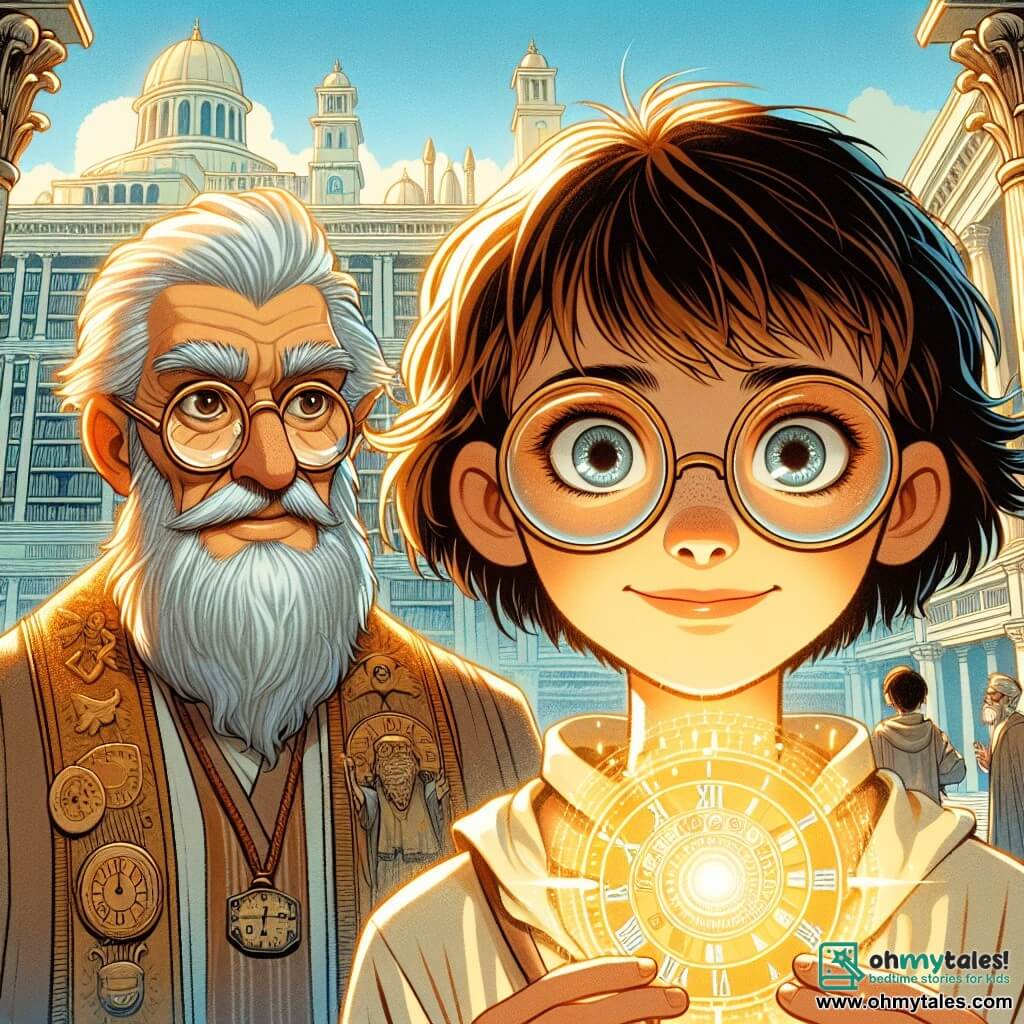 An 11-year-old girl, Clara, stands at the center of the image with short, tousled hair and large round glasses that highlight her curious gaze. She has an expression of excitement mixed with apprehension, holding a mysterious letter in her hands, surrounded by a golden glow. Beside her, an elderly man, the Timekeeper, has a long silver beard and sparkling wise eyes. He wears a robe adorned with clockwork patterns and watches Clara with a benevolent smile, ready to accompany her on her adventure. In the background, the Great Library of Alexandria stands majestically, with its imposing columns and shelves overflowing with papyrus scrolls. The sky is a bright blue, and the atmosphere is vibrant with life, as scholars discuss and children play in the bustling streets. The scene depicts Clara and the Timekeeper preparing to prevent an imminent fire in the library, as flames begin to lick the walls, creating a dramatic contrast with the beauty of the place.