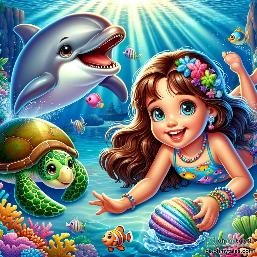 Ein kleines Mädchen von 6 Jahren, Mia, mit langen braunen Haaren und neugierigen, funkelnden Augen, schwimmt fröhlich in kristallklarem Wasser, ein großes Lächeln erhellt ihr Gesicht. Sie trägt einen bunten Badeanzug mit Fischmotiven und hält eine wunderschöne glänzende Muschel in ihren kleinen Händen. Neben ihr springt ein freundlicher Delfin mit silbernen Schuppen und schelmischen Augen fröhlich aus dem Wasser, als wolle er sie einladen, ihm zu folgen. Im Hintergrund schwebt eine große Meeresschildkröte, Taro, mit einem grünen Panzer und weisen Augen, friedlich und wohlwollend, und beobachtet Mia. Die Kulisse ist eine wunderschöne Unterwasserhöhle, gefüllt mit bunten Korallen, mehrfarbigen Fischen und Lichtstrahlen, die durch das Wasser filtern und eine magische, bezaubernde Atmosphäre schaffen. Die Szene fängt den Moment ein, in dem Mia den versteckten Schatz der Höhle entdeckt, erstaunt über die Schönheit, die sie umgibt.