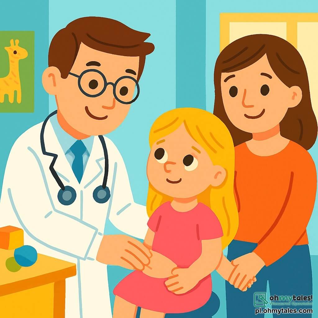 Mężczyzna lekarz, doktor Marek, uśmiechnięty i życzliwy, nosi jasną białą odzież i stetoskop na szyi. Ma brązowe włosy i okrągłe okulary, delikatnie dotyka brzucha małej dziewczynki. Obok niego stoi 6-letnia Zosia z długimi blond włosami w różowej sukience, patrzy na doktora z mieszanką niepokoju i nadziei. W rogu młoda kobieta, mama Zosi, ma około 30 lat, brązowe włosy i uspokajający uśmiech, trzyma rękę córki i uważnie obserwuje scenę. Akcja rozgrywa się w jasnym gabinecie lekarskim z pastelowoniebieskimi ścianami, kolorowymi plakatami zwierząt i zabawkami rozsianymi po stole. Doktor Marek delikatnie bada brzuch Zosi, a dziewczynka zaczyna się uśmiechać, czując się coraz bardziej komfortowo w tym ciepłym i przyjaznym otoczeniu.